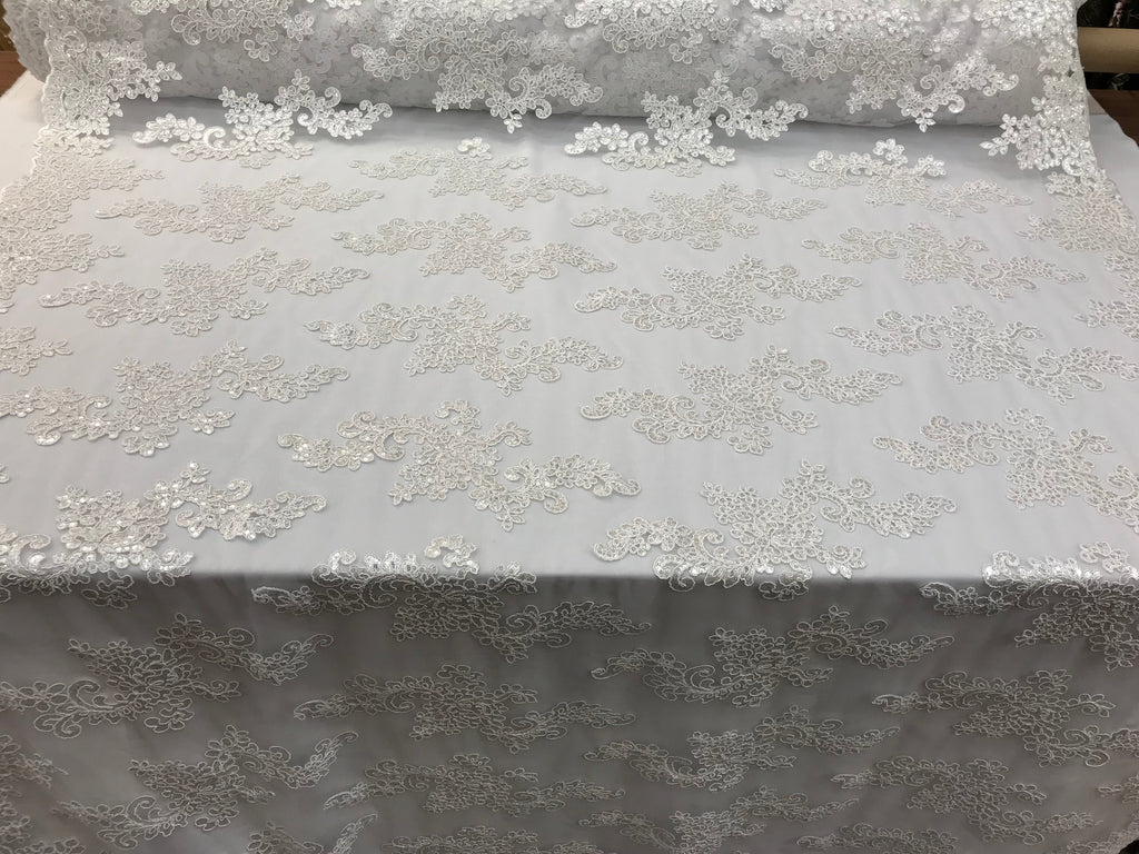 Lace Fabric - White - Flowers Embroidery Sequins Mesh Wedding Bridal Fabric Sold By The Yard