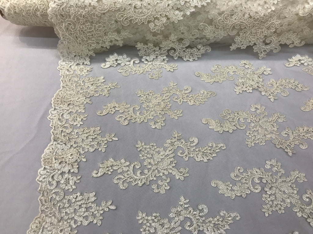 Lace Fabric - Ivory - Flowers Embroidery Sequins Mesh Wedding Bridal Fabric Sold By The Yard