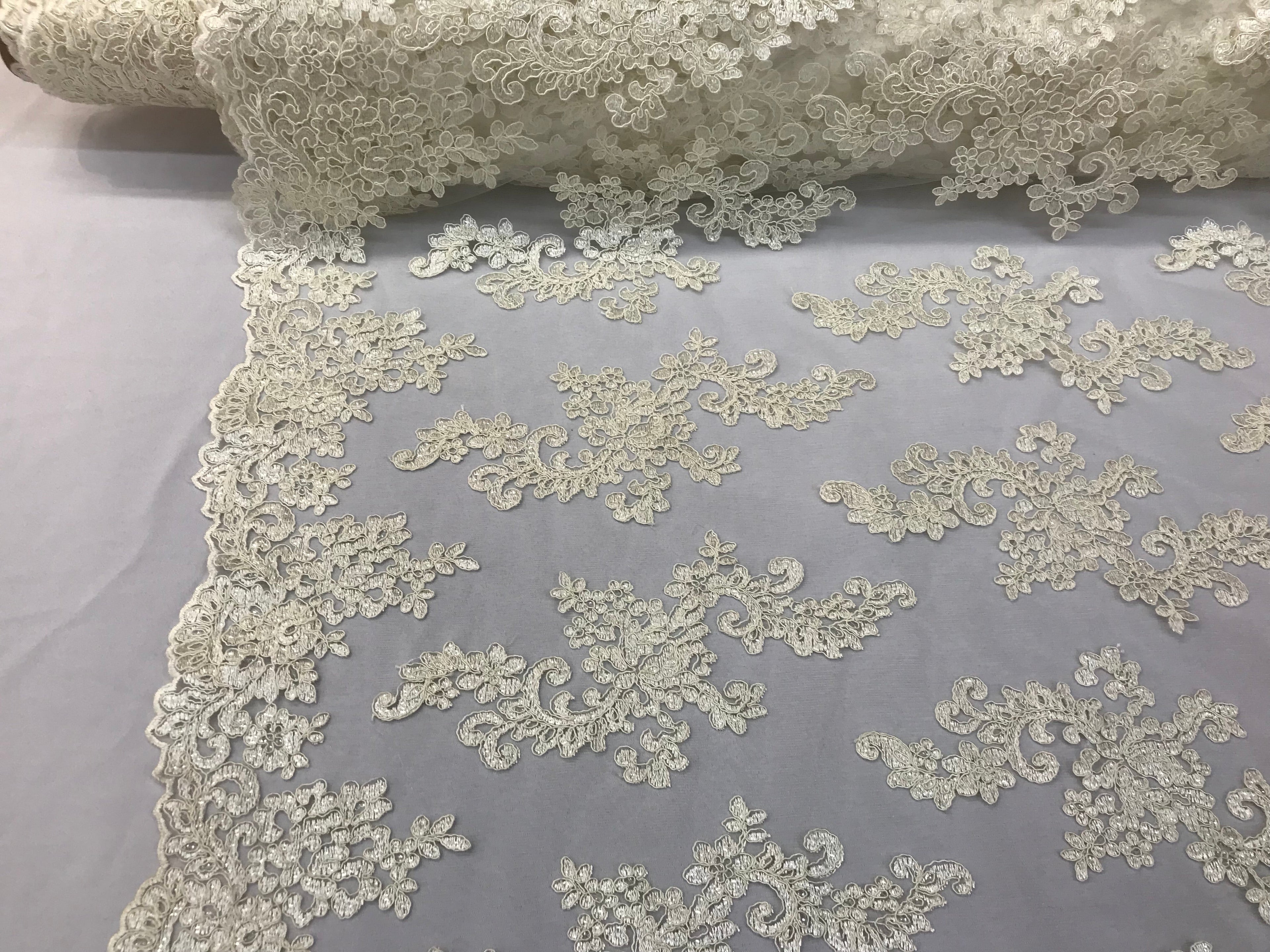 Lace Fabric - Ivory - Flowers Embroidery Sequins Mesh Wedding Bridal Fabric Sold By The Yard