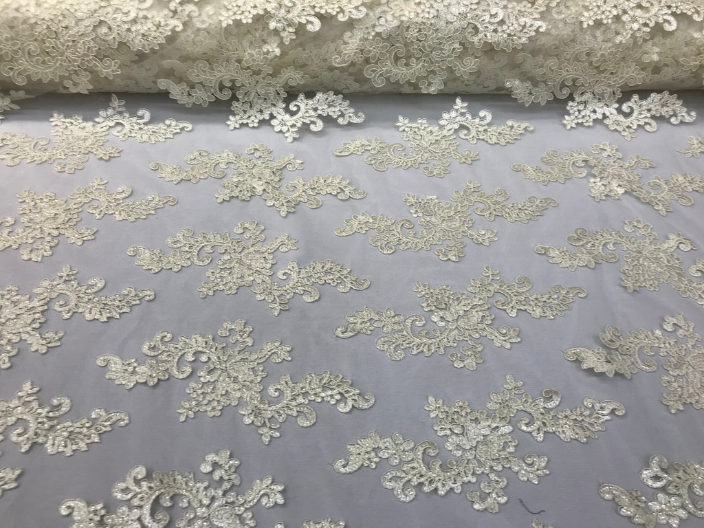 Lace Fabric - Ivory - Flowers Embroidery Sequins Mesh Wedding Bridal Fabric Sold By The Yard