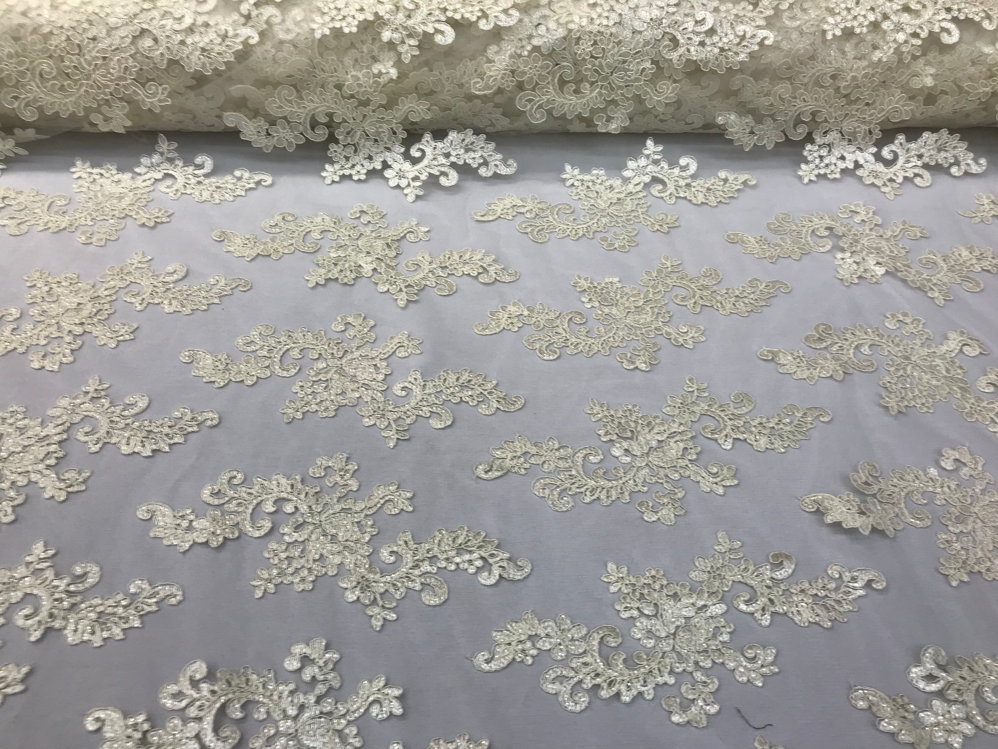 Lace Fabric - Ivory - Flowers Embroidery Sequins Mesh Wedding Bridal Fabric Sold By The Yard