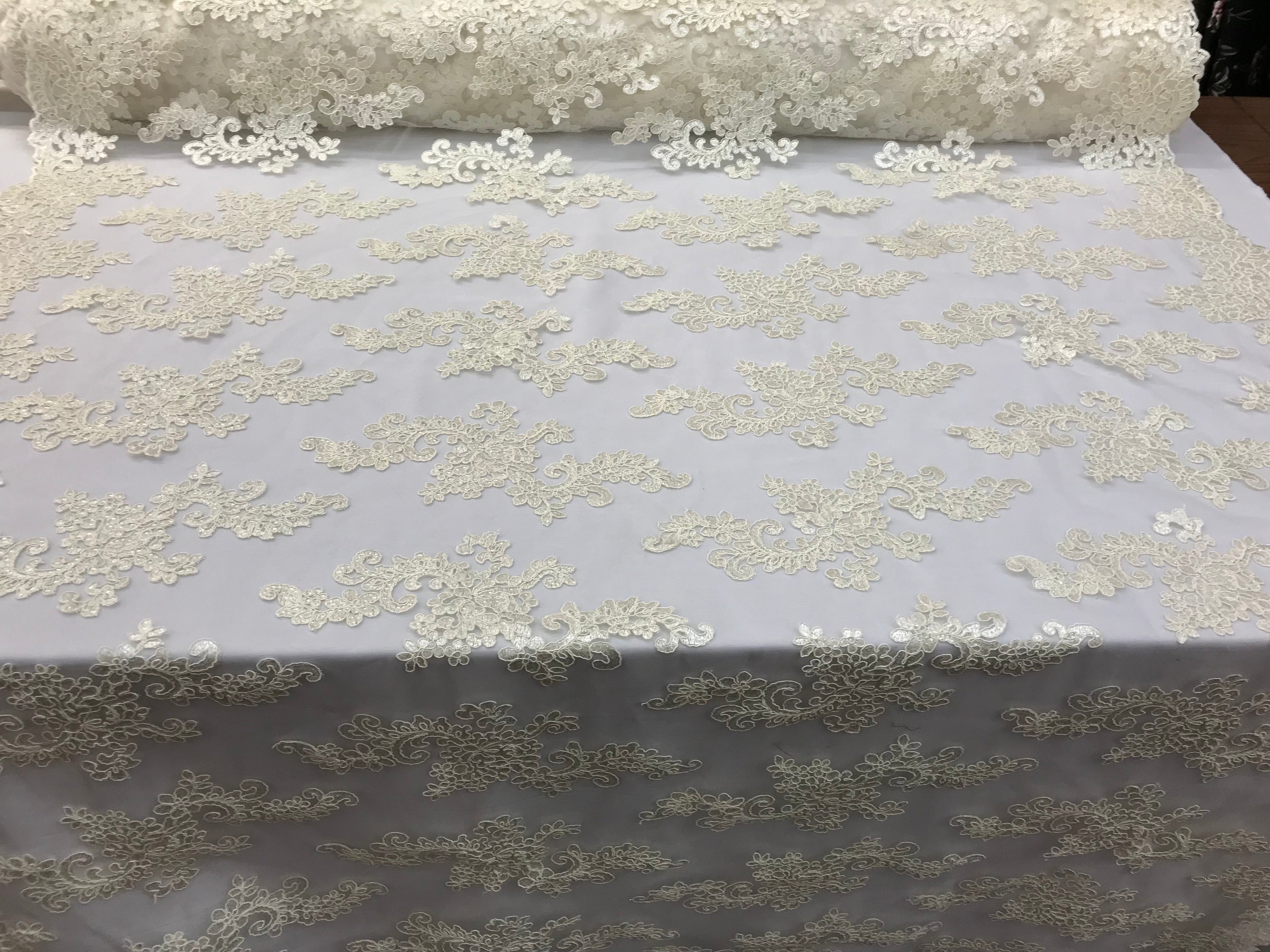 Lace Fabric - Ivory - Flowers Embroidery Sequins Mesh Wedding Bridal Fabric Sold By The Yard