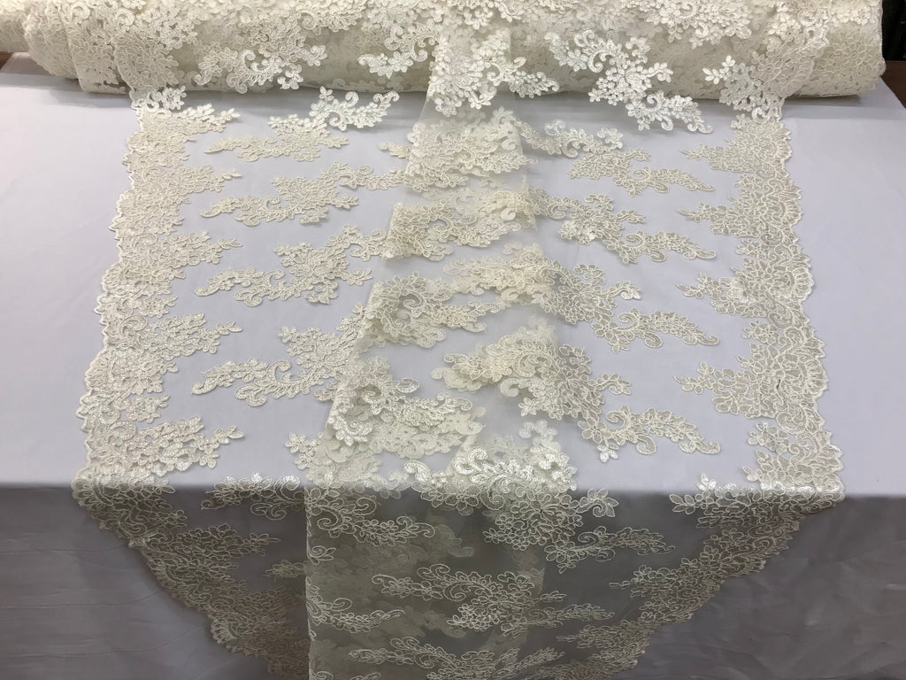 Lace Fabric - Ivory - Flowers Embroidery Sequins Mesh Wedding Bridal Fabric Sold By The Yard