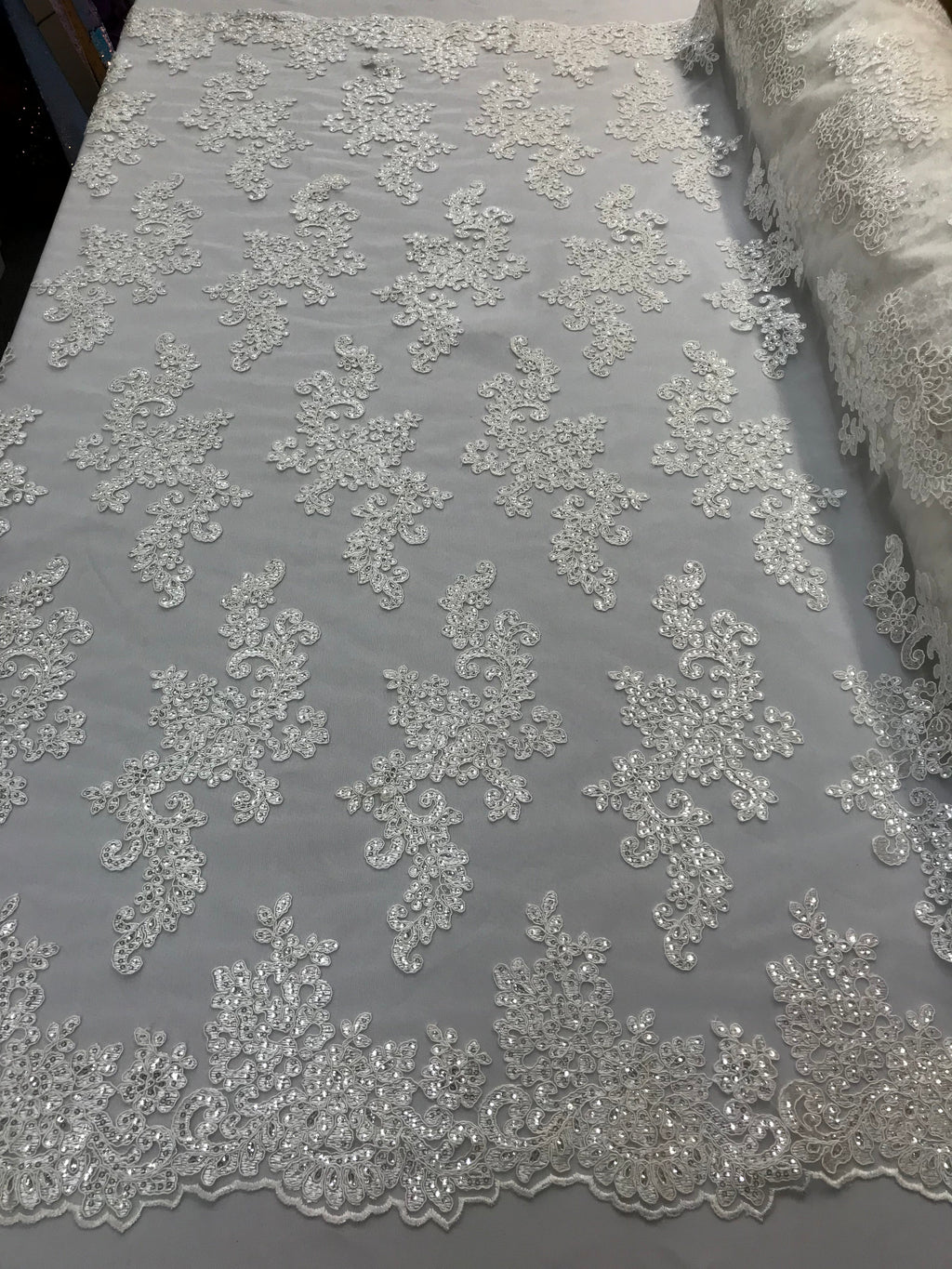 Lace Fabric - Off-White - Flowers Embroidery Sequins Mesh Wedding Bridal Fabric Sold By The Yard