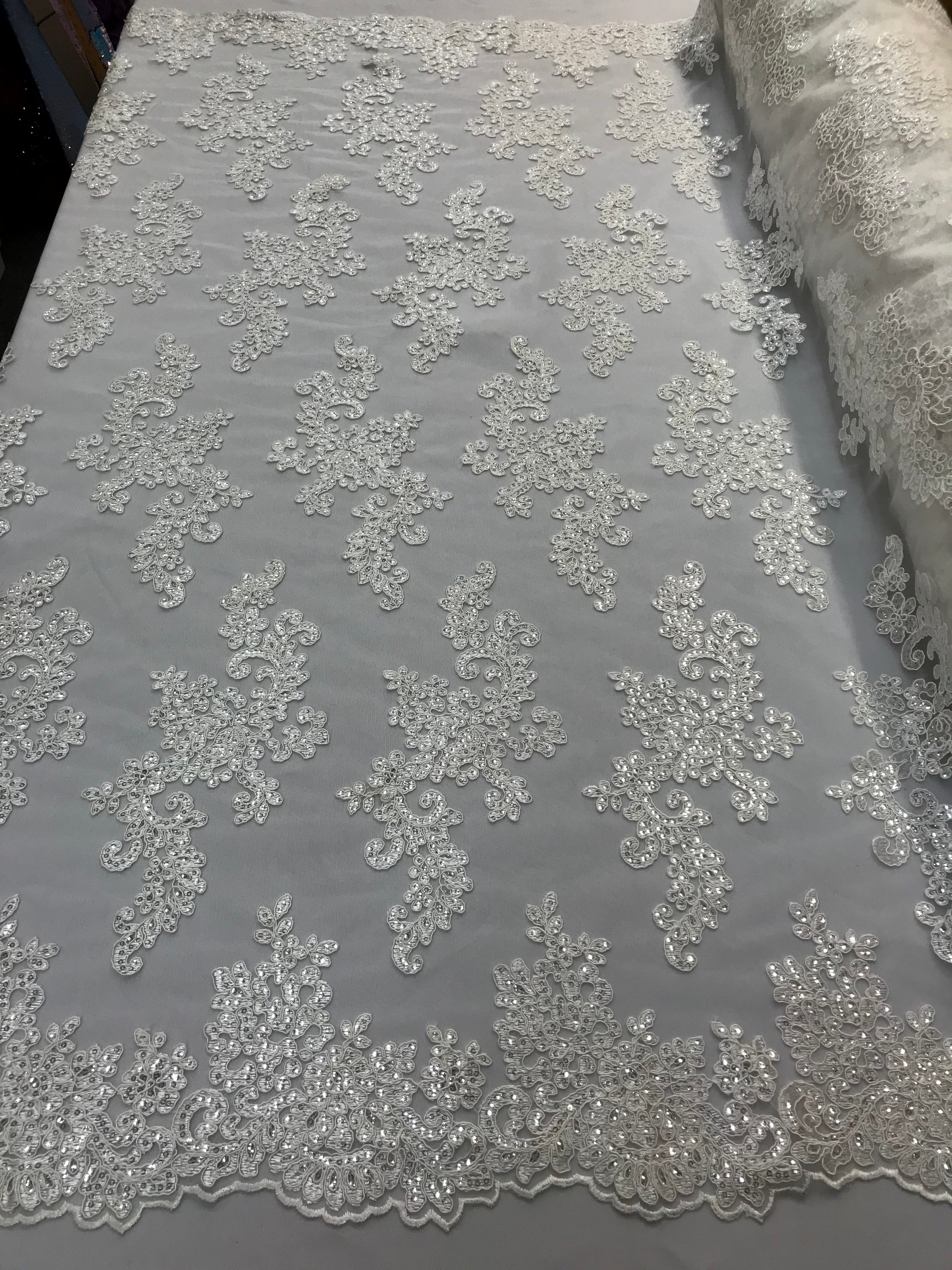 Lace Fabric - Off-White - Flowers Embroidery Sequins Mesh Wedding Bridal Fabric Sold By The Yard