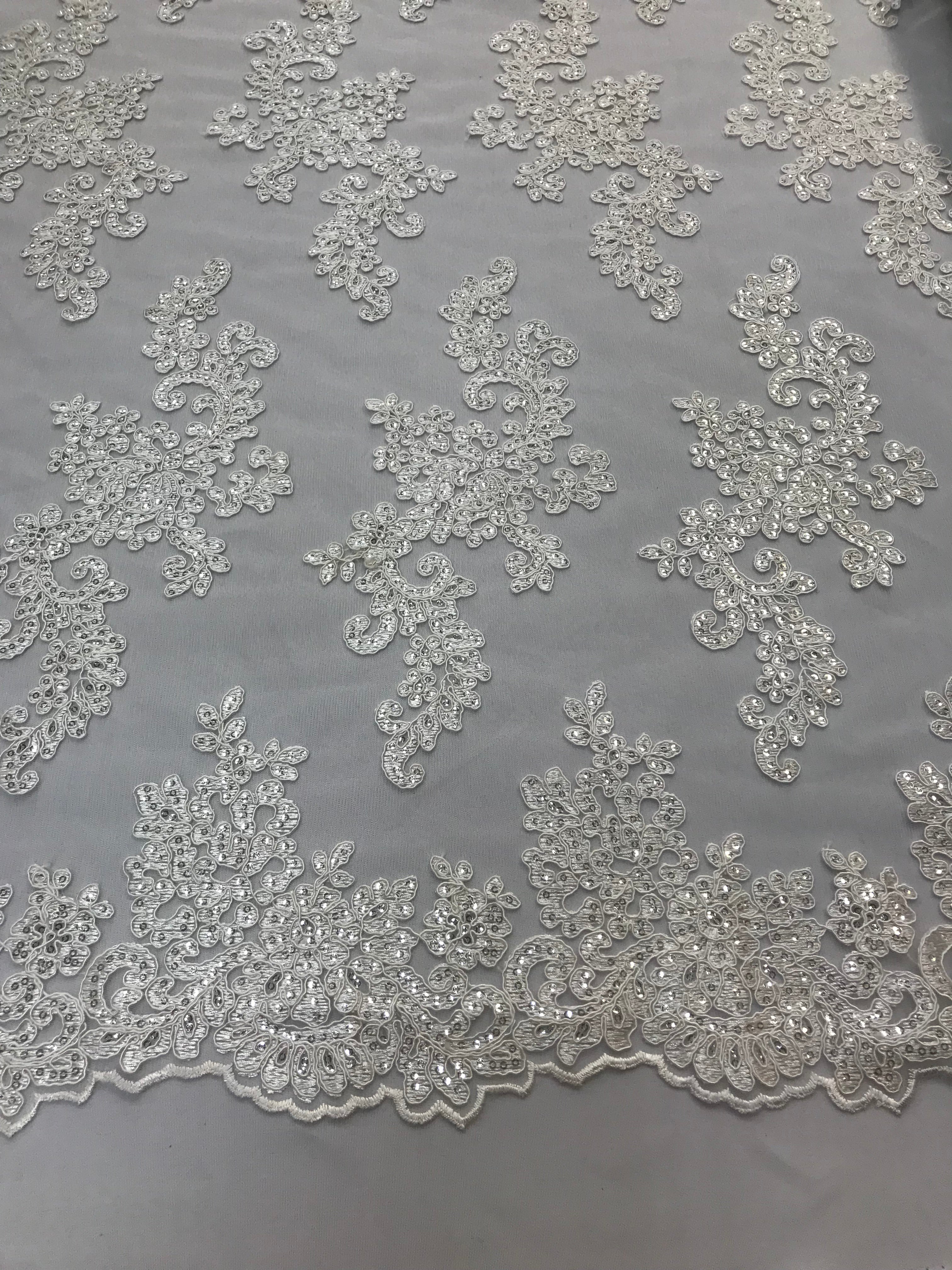 Lace Fabric - Off-White - Flowers Embroidery Sequins Mesh Wedding Bridal Fabric Sold By The Yard