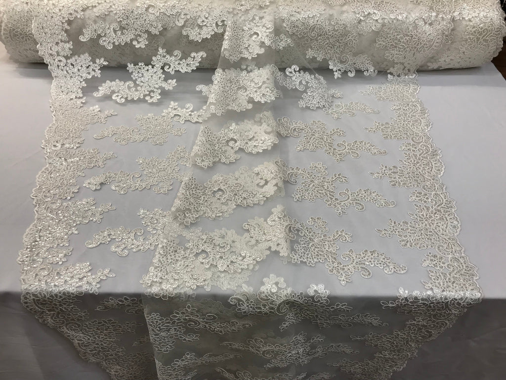 Lace Fabric - Off-White - Flowers Embroidery Sequins Mesh Wedding Bridal Fabric Sold By The Yard