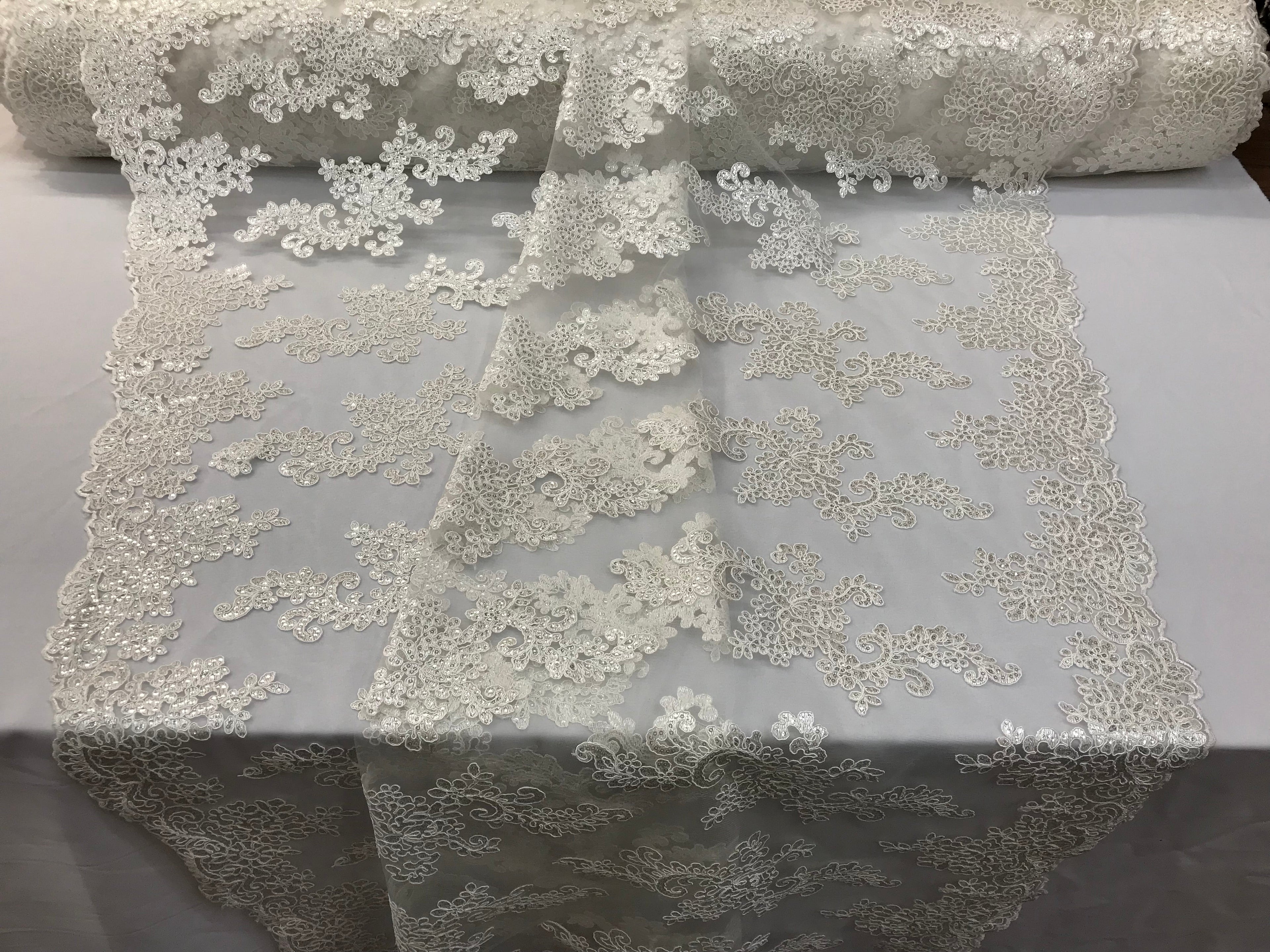 Lace Fabric - Off-White - Flowers Embroidery Sequins Mesh Wedding Bridal Fabric Sold By The Yard
