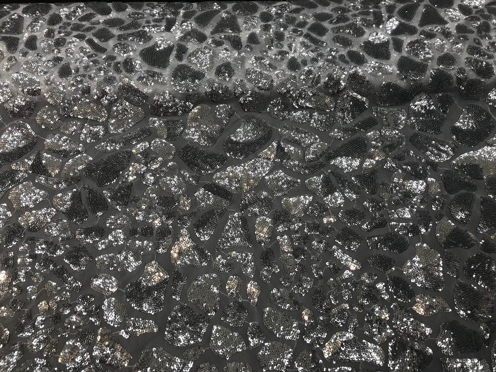Leopard Sequins Fabric - Silver - Animal Print Shiny Sequins Design 2 Way Stretch Sold By The Yard