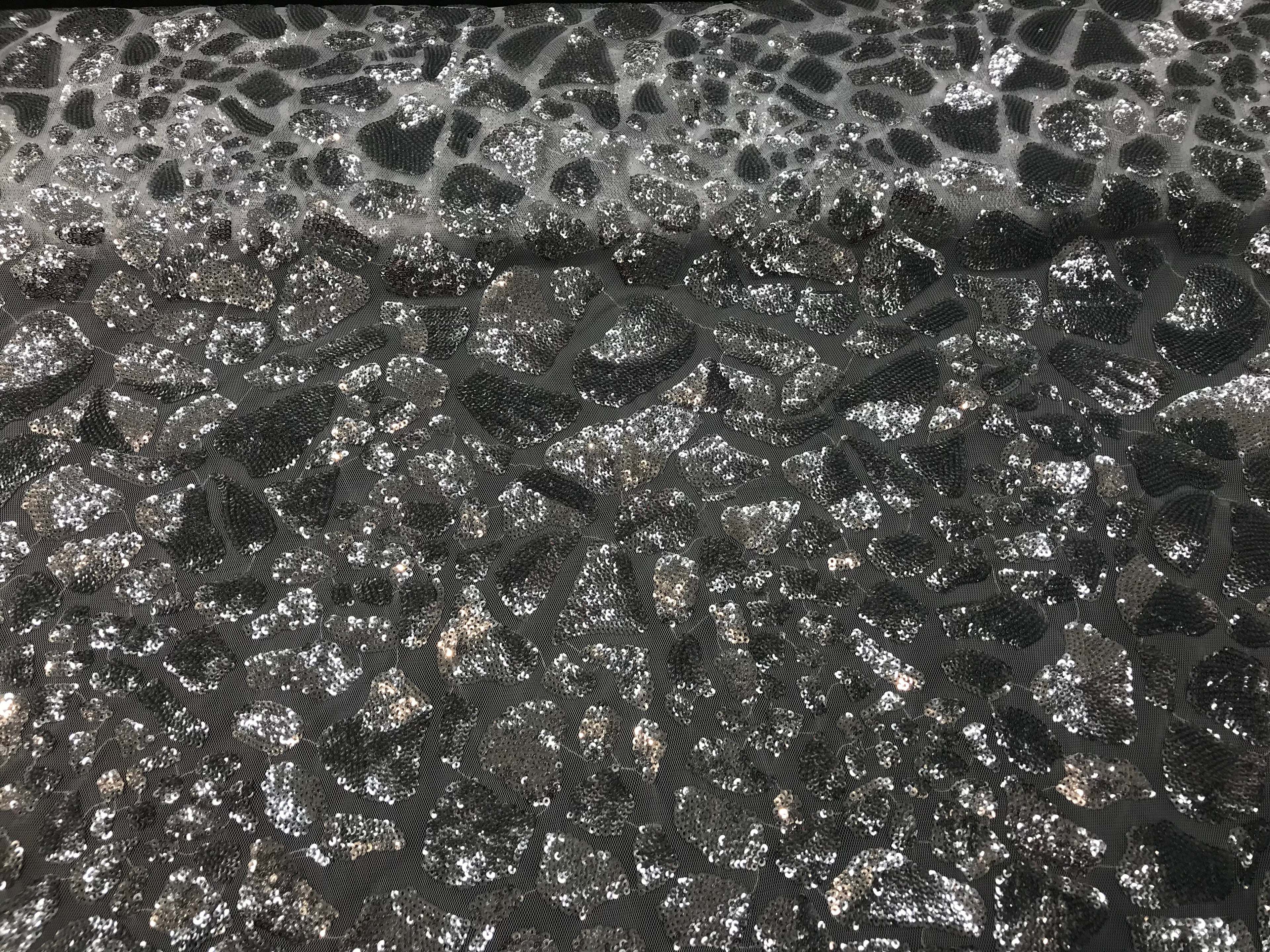 Leopard Sequins Fabric - Silver - Animal Print Shiny Sequins Design 2 Way Stretch Sold By The Yard