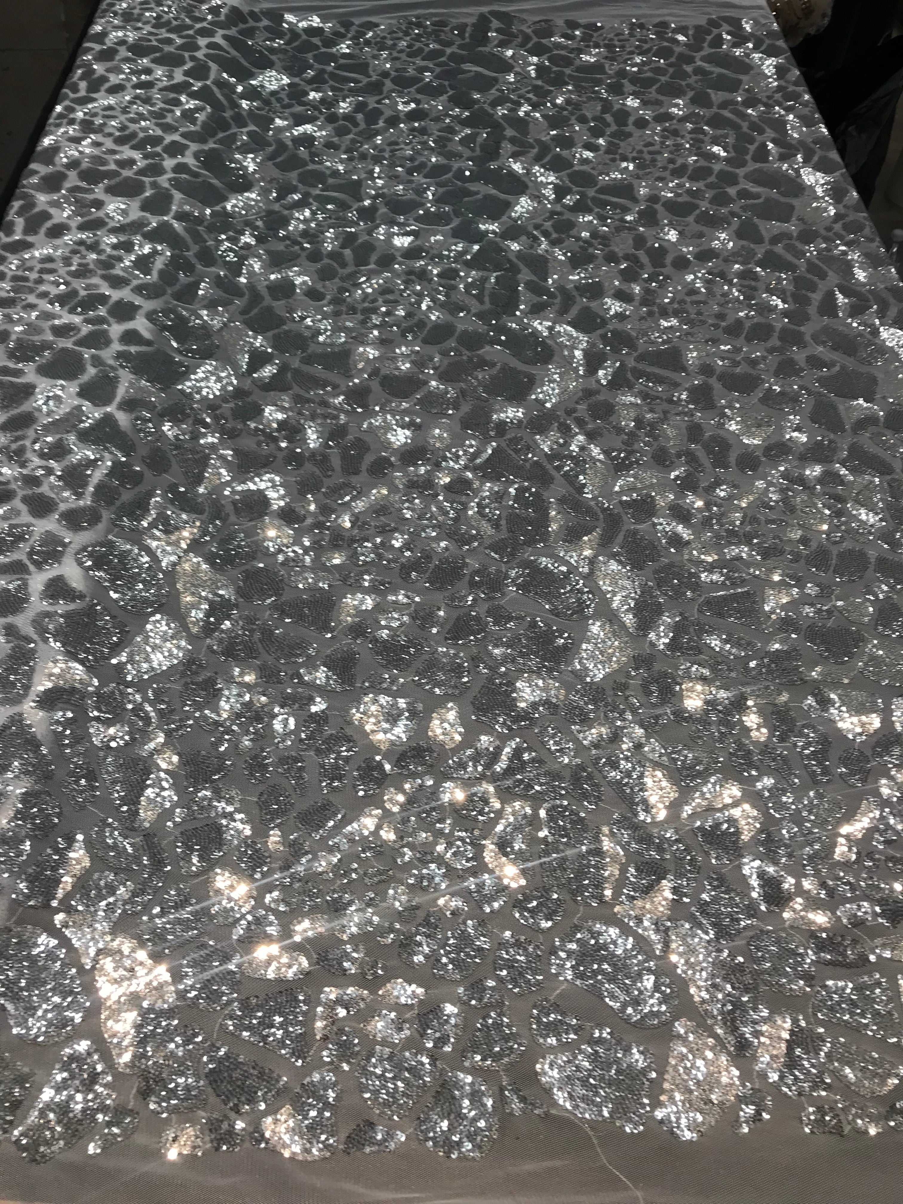 Leopard Sequins Fabric - Silver - Animal Print Shiny Sequins Design 2 Way Stretch Sold By The Yard