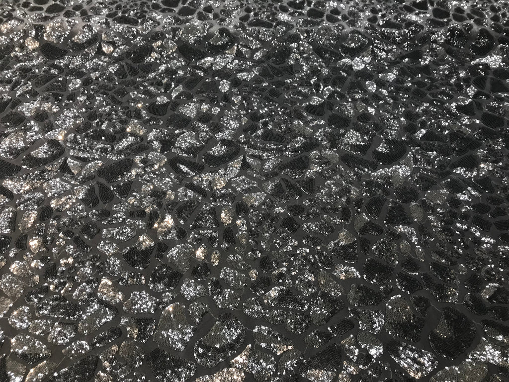 Leopard Sequins Fabric - Silver - Animal Print Shiny Sequins Design 2 Way Stretch Sold By The Yard