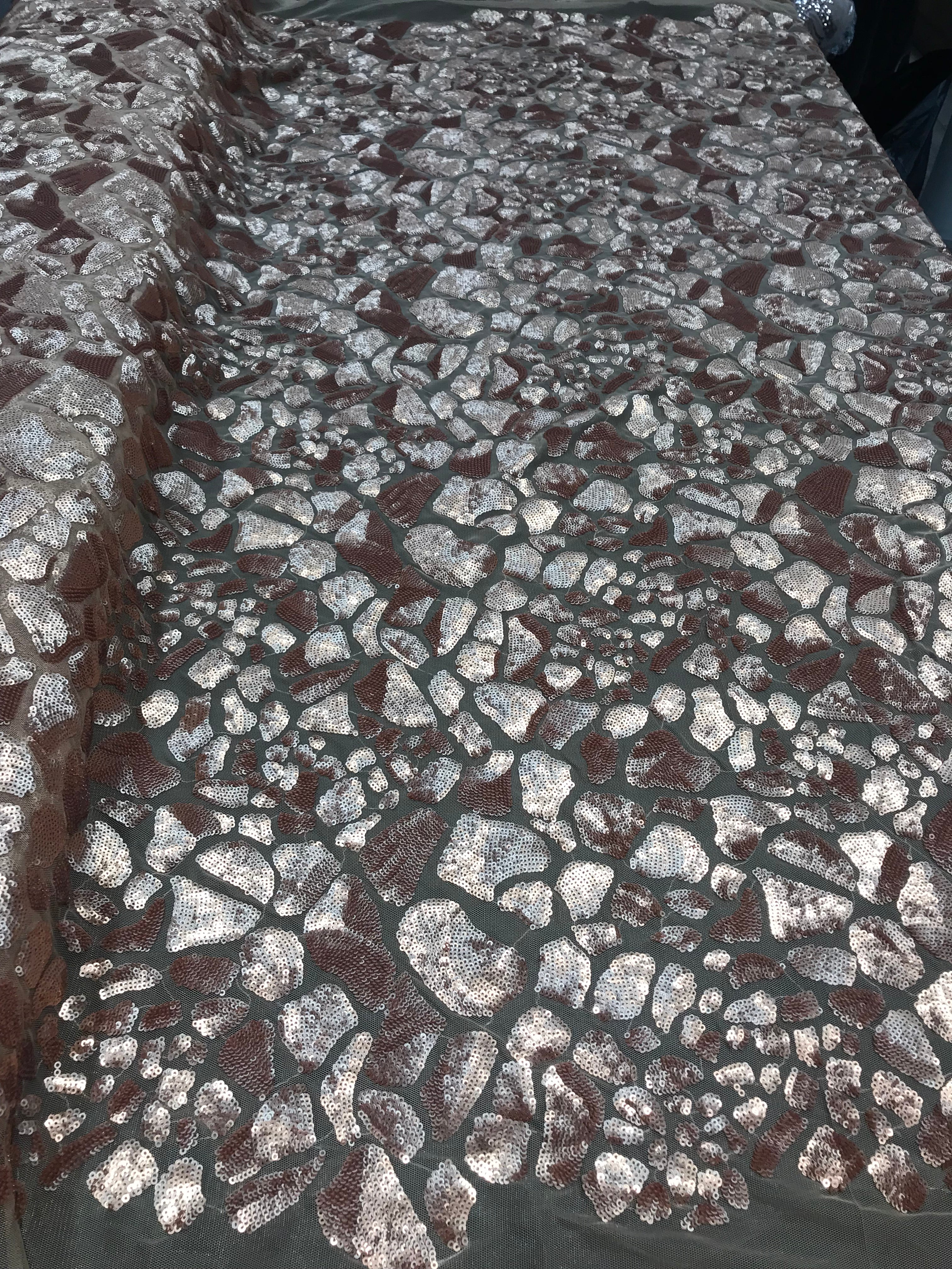 Leopard Sequins Fabric - Khaki - Animal Print Shiny Sequins Design 2 Way Stretch Sold By The Yard