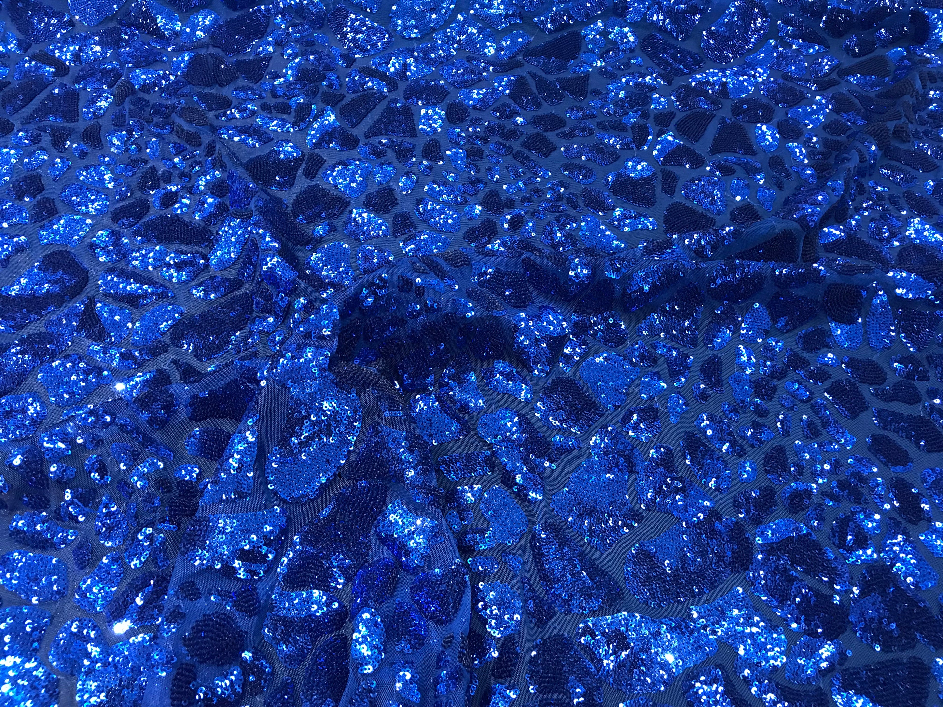 Leopard Sequins Fabric - Royal Blue - Animal Print Shiny Sequins Design 2 Way Stretch Sold By Yard