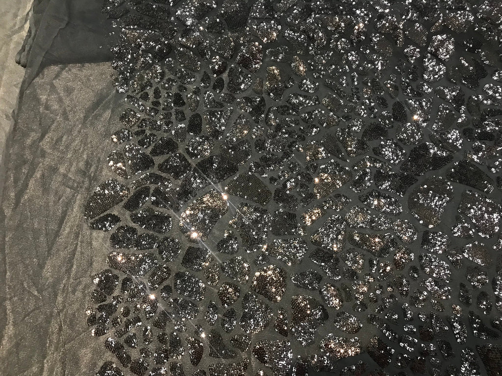 Leopard Sequins Fabric - Black - Animal Print Shiny Sequins Design 2 Way Stretch Sold By The Yard