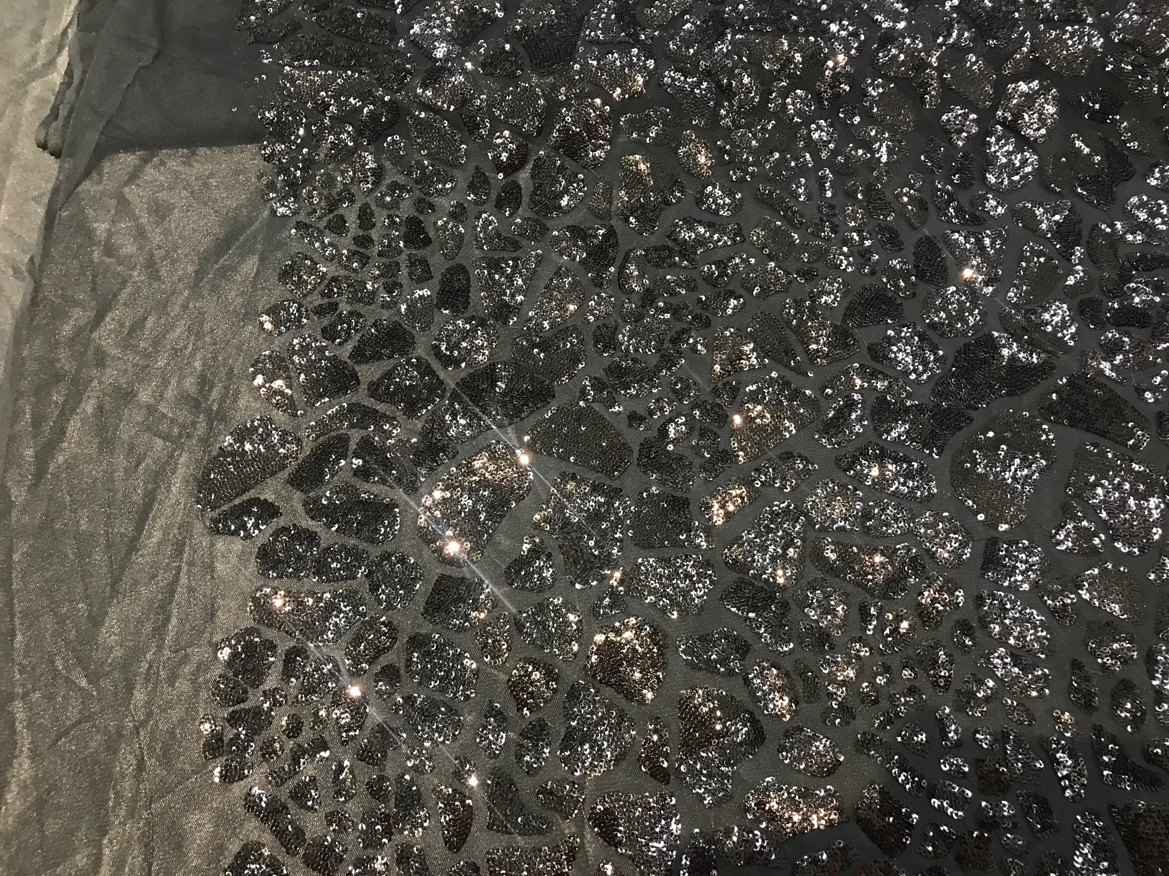 Leopard Sequins Fabric - Black - Animal Print Shiny Sequins Design 2 Way Stretch Sold By The Yard