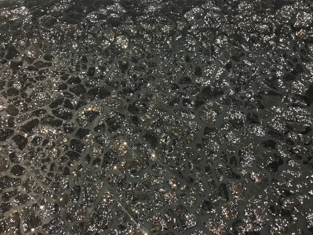 Leopard Sequins Fabric - Black - Animal Print Shiny Sequins Design 2 Way Stretch Sold By The Yard