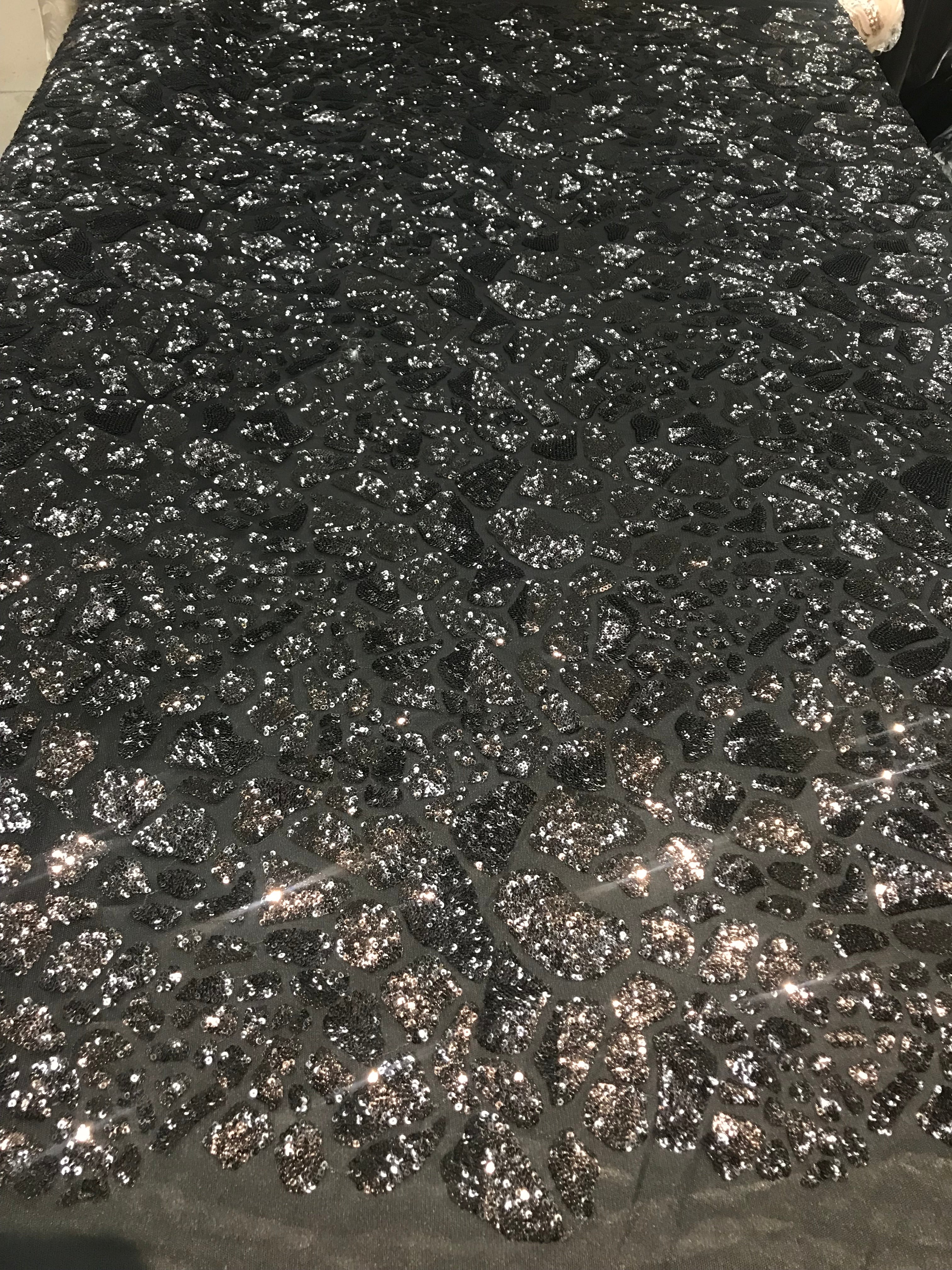 Leopard Sequins Fabric - Black - Animal Print Shiny Sequins Design 2 Way Stretch Sold By The Yard