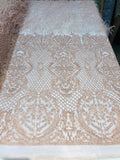Beaded Feather Fabric - Blush - Embroidered Luxury Mesh Lace with Beads and Feathers By The Yard