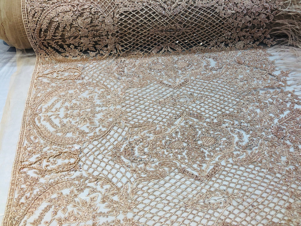 Beaded Feather Fabric - Blush - Embroidered Luxury Mesh Lace with Beads and Feathers By The Yard