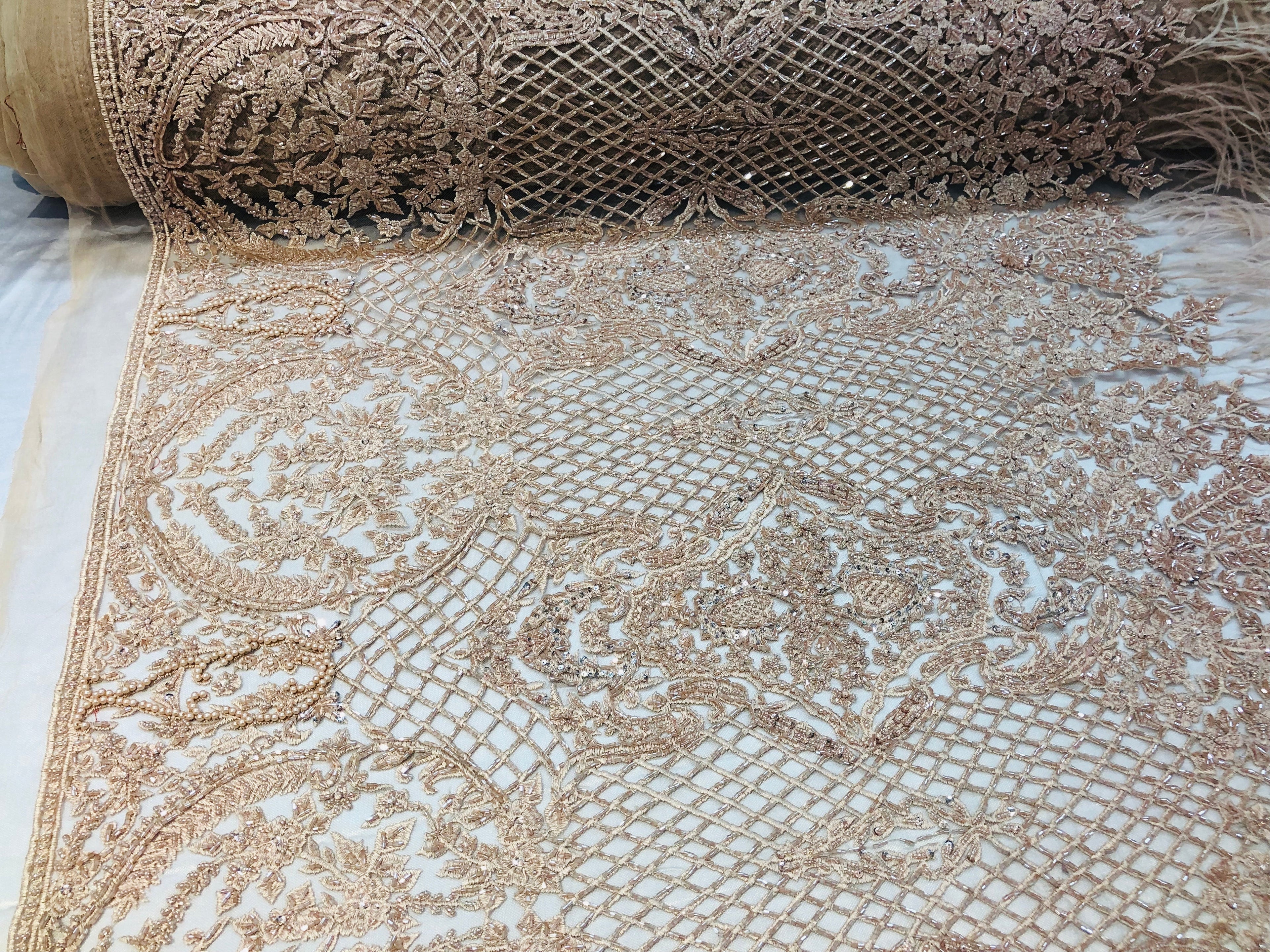 Beaded Feather Fabric - Blush - Embroidered Luxury Mesh Lace with Beads and Feathers By The Yard