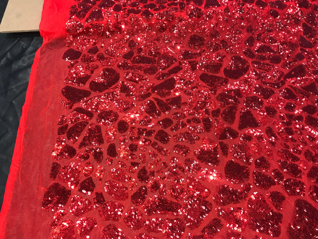 Leopard Sequins Fabric - Red - Animal Print Shiny Sequins Design 2 Way Stretch Sold 5 Yards
