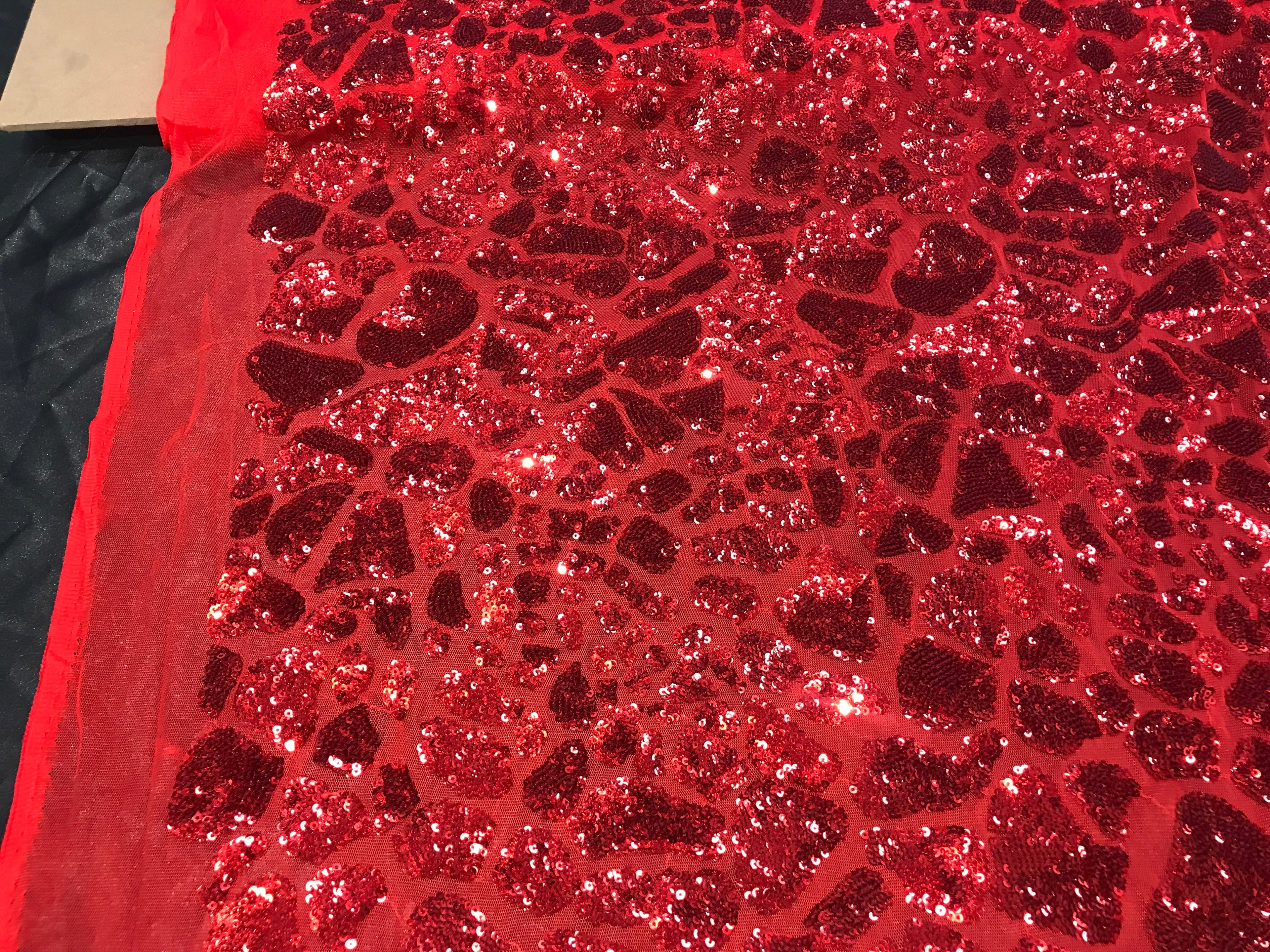 Leopard Sequins Fabric - Red - Animal Print Shiny Sequins Design 2 Way Stretch Sold 5 Yards