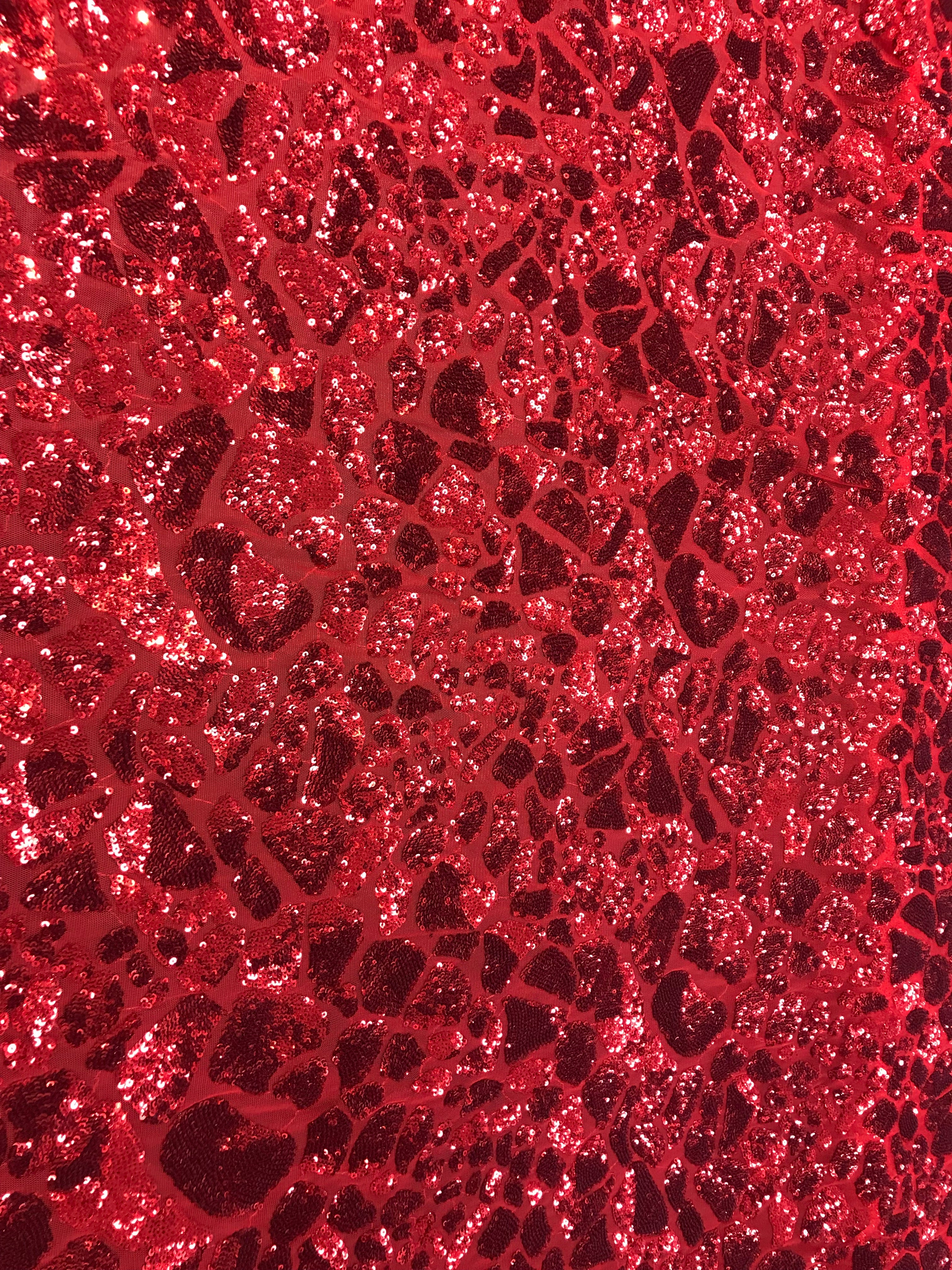Leopard Sequins Fabric - Red - Animal Print Shiny Sequins Design 2 Way Stretch Sold By The Yard