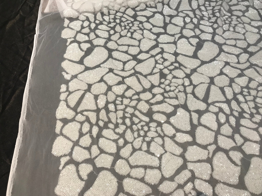 Leopard Sequins Fabric - White - Animal Print Shiny Sequins Design 2 Way Stretch Sold By The Yard