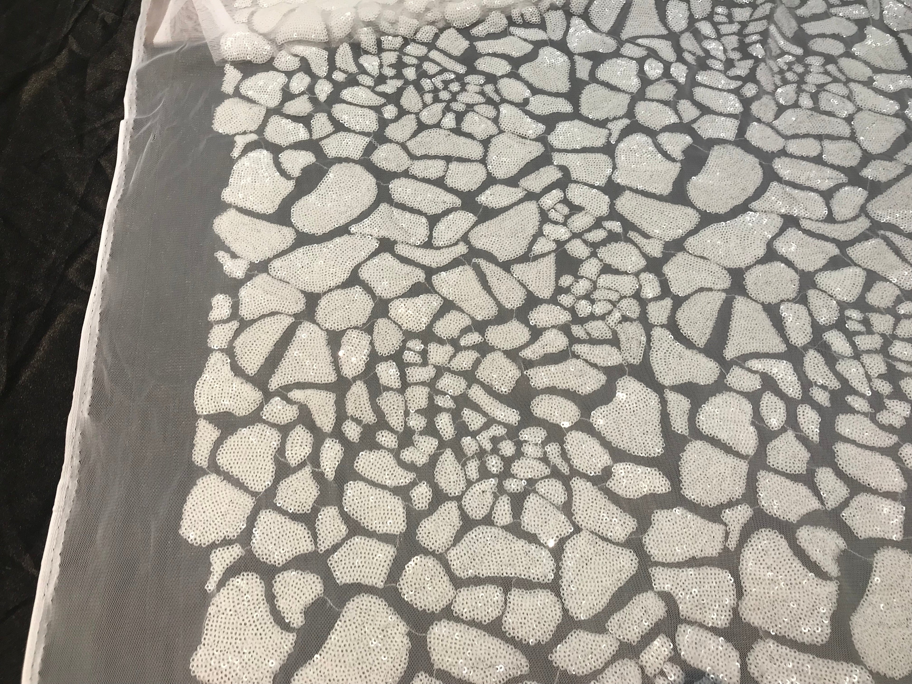 Leopard Sequins Fabric - White - Animal Print Shiny Sequins Design 2 Way Stretch Sold By The Yard
