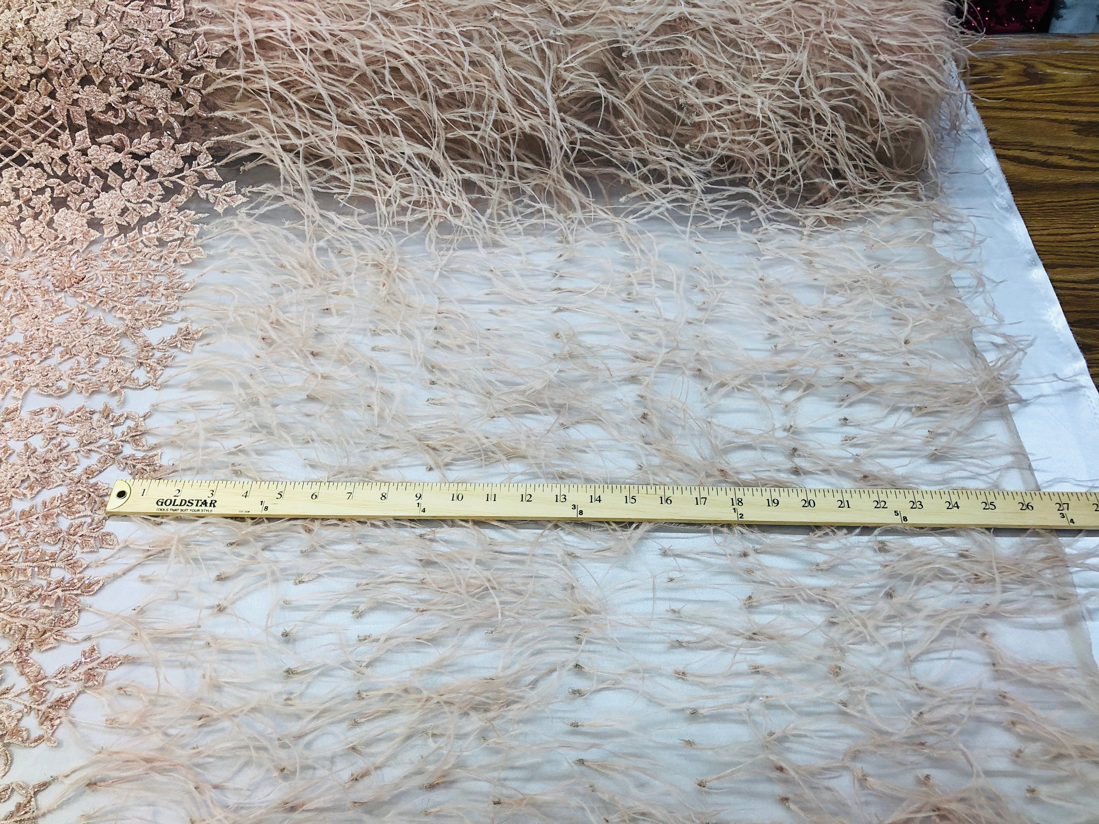 Beaded Feather Fabric - Blush - Embroidered Luxury Mesh Lace with Beads and Feathers By The Yard