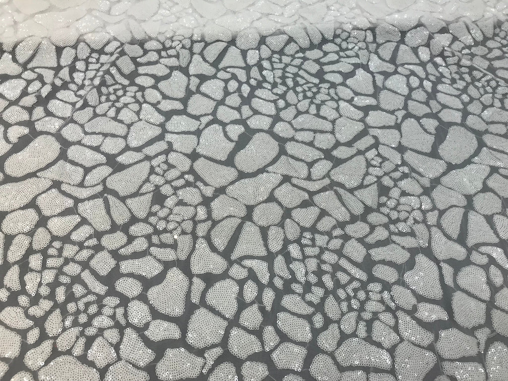 Leopard Sequins Fabric - White - Animal Print Shiny Sequins Design 2 Way Stretch Sold By The Yard