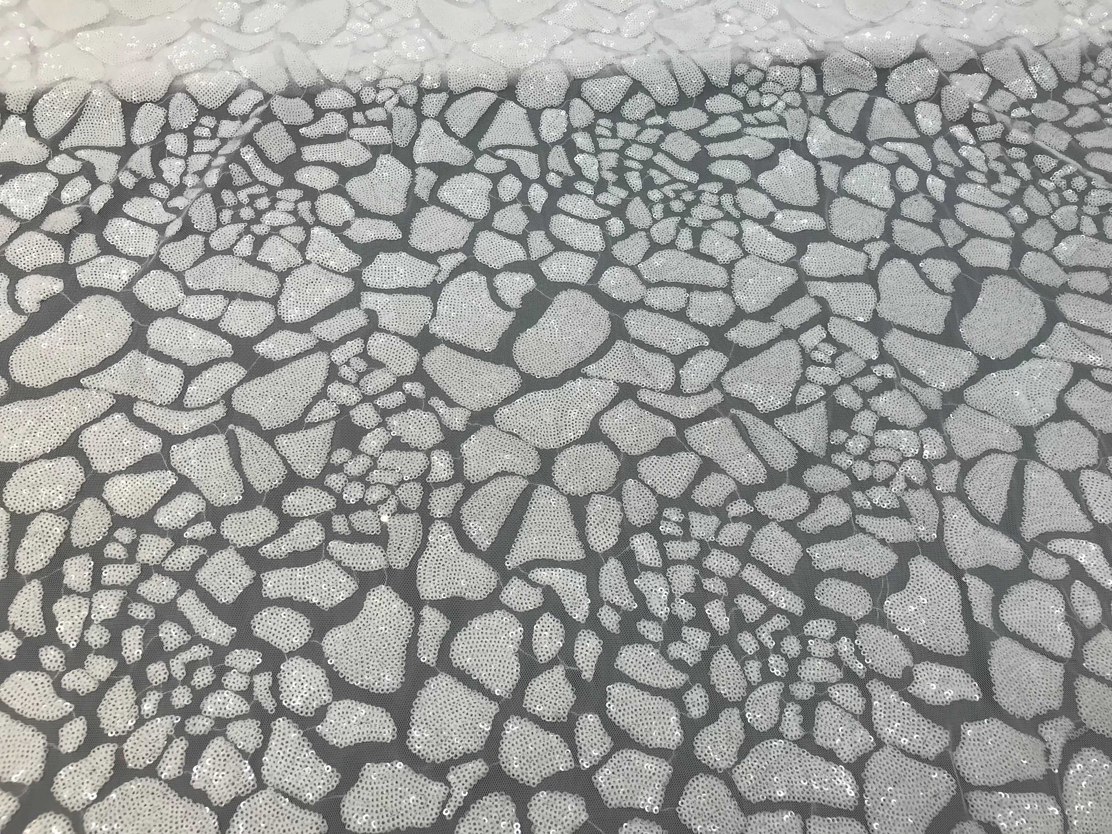 Leopard Sequins Fabric - White - Animal Print Shiny Sequins Design 2 Way Stretch Sold By The Yard