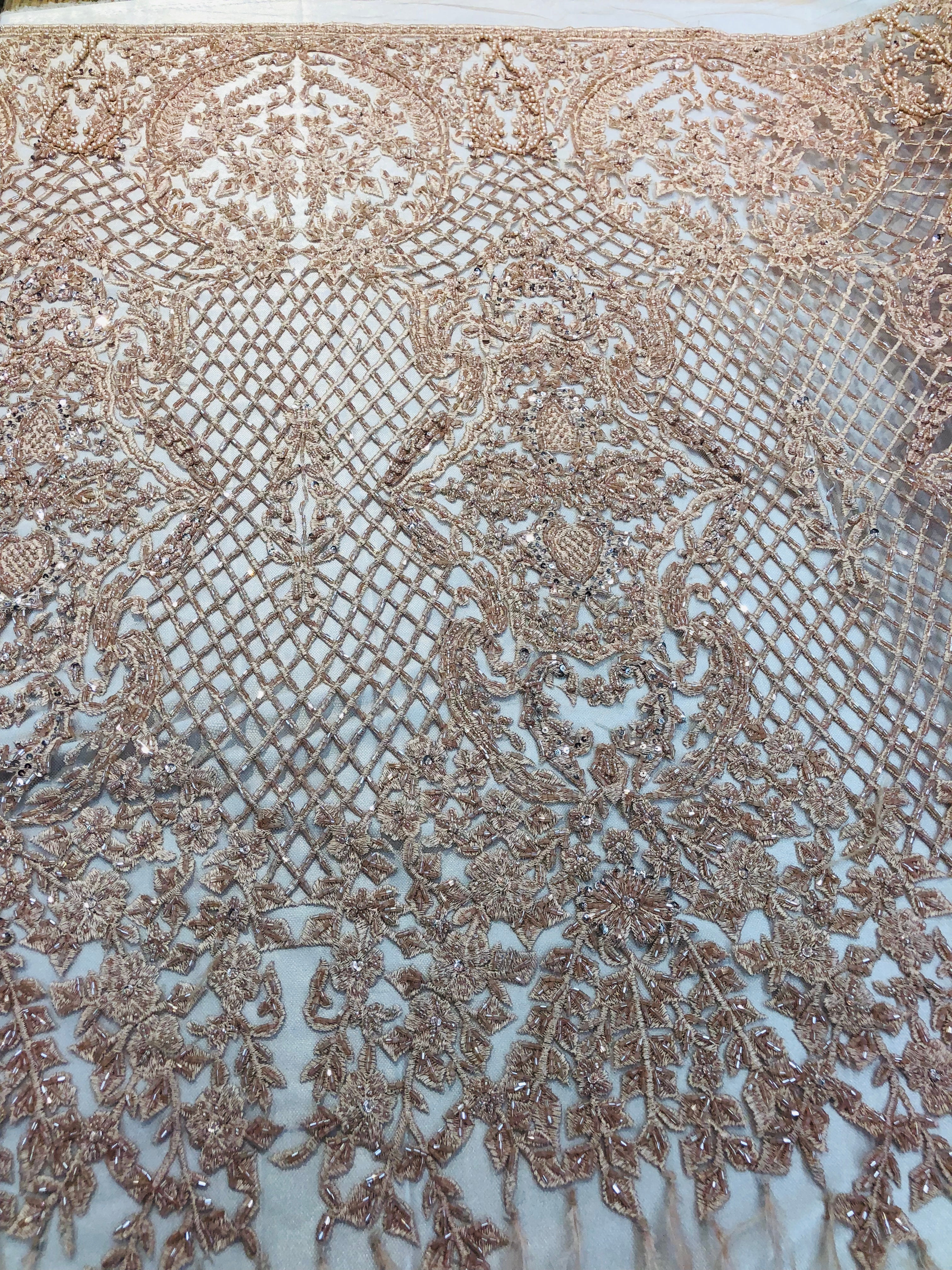 Beaded Feather Fabric - Blush - Embroidered Luxury Mesh Lace with Beads and Feathers By The Yard