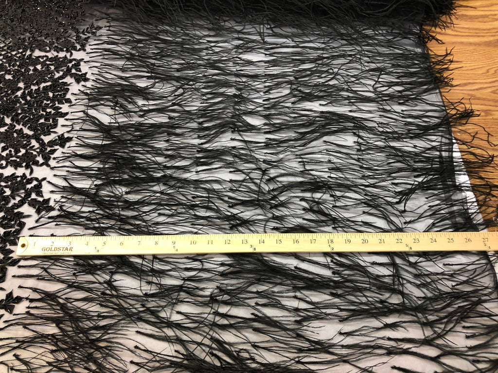 Beaded Feather Fabric - Black - Embroidered Luxury Mesh Lace with Beads and Feathers By The Yard