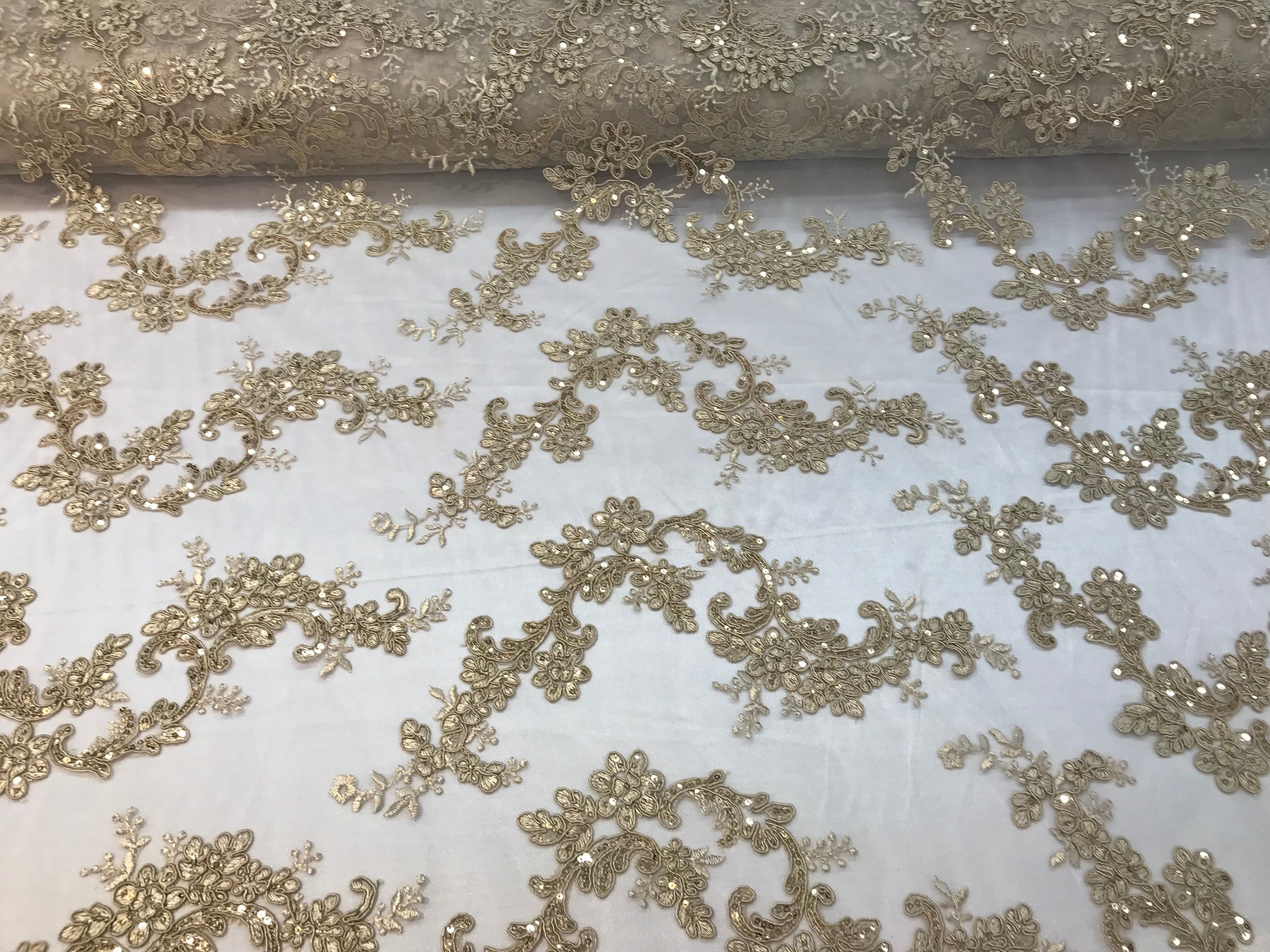 Floral Lace Fabric - Champagne - Flowers Embroidery Sequins Mesh Design Fabric Sold By The Yard