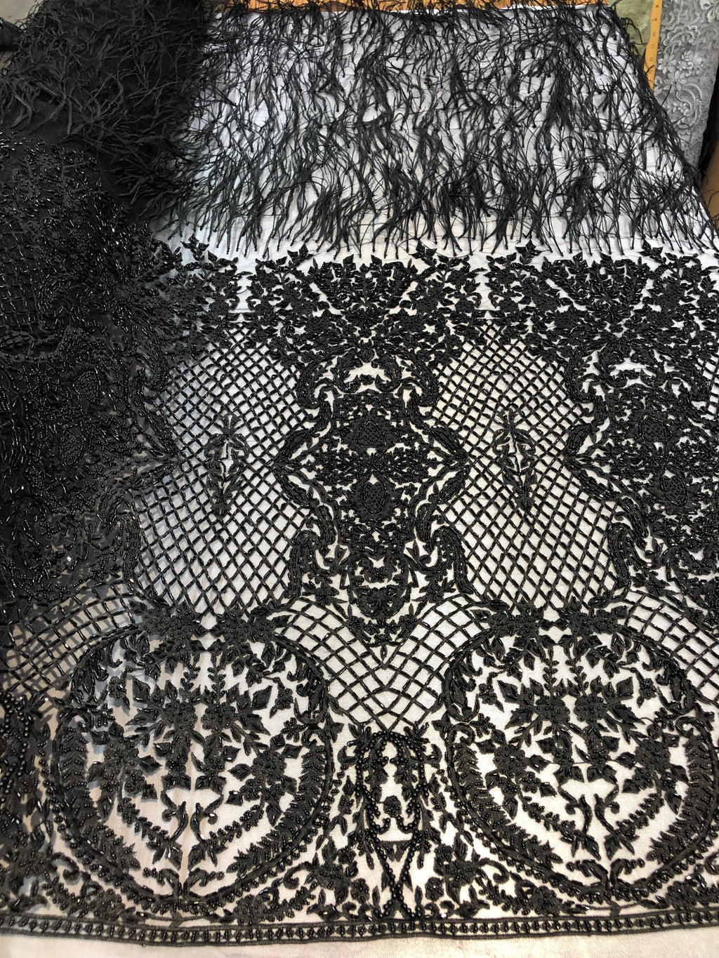 Beaded Feather Fabric - Black - Embroidered Luxury Mesh Lace with Beads and Feathers By The Yard