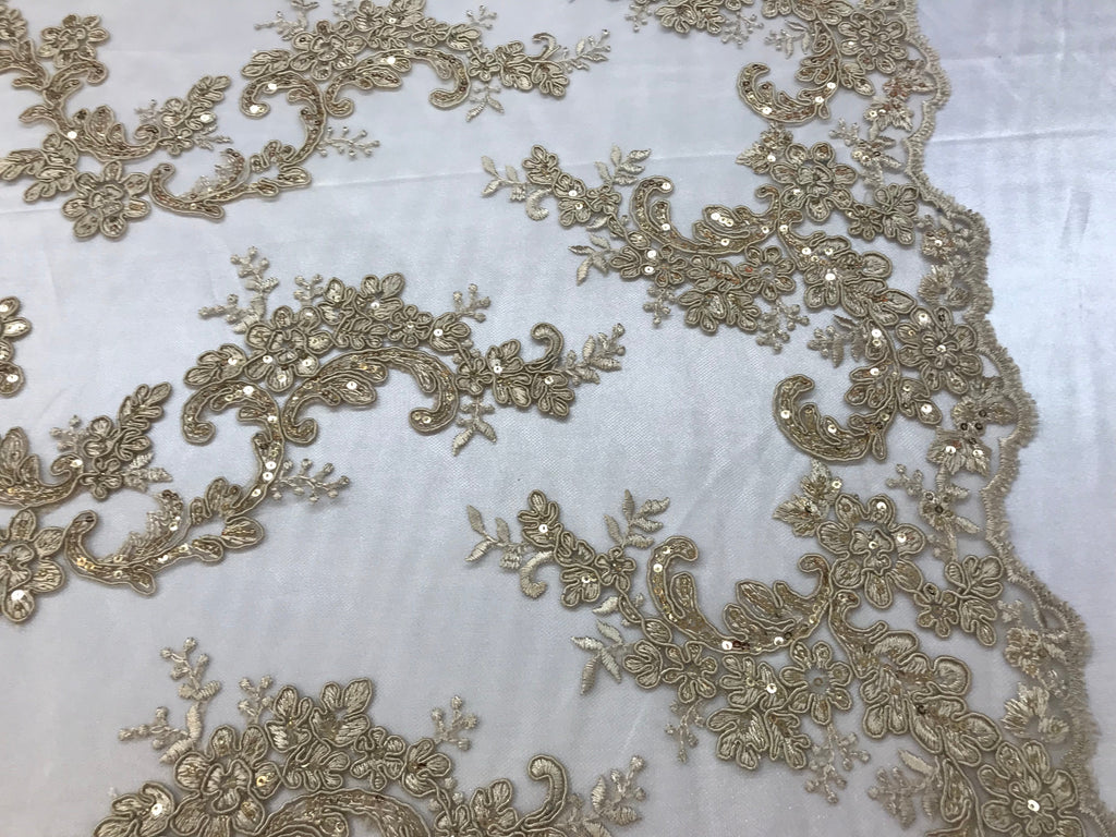 Floral Lace Fabric - Champagne - Flowers Embroidery Sequins Mesh Design Fabric Sold By The Yard