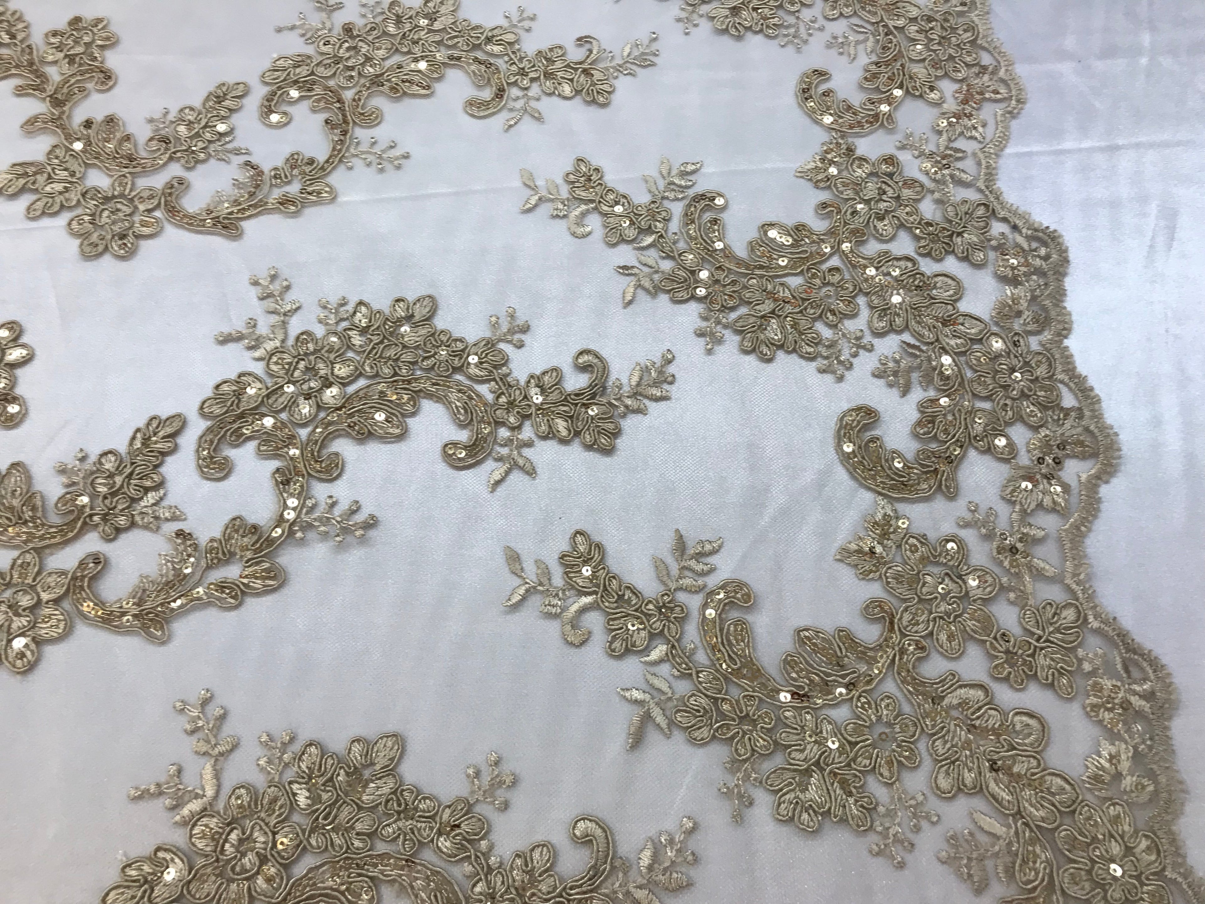Floral Lace Fabric - Champagne - Flowers Embroidery Sequins Mesh Design Fabric Sold By The Yard