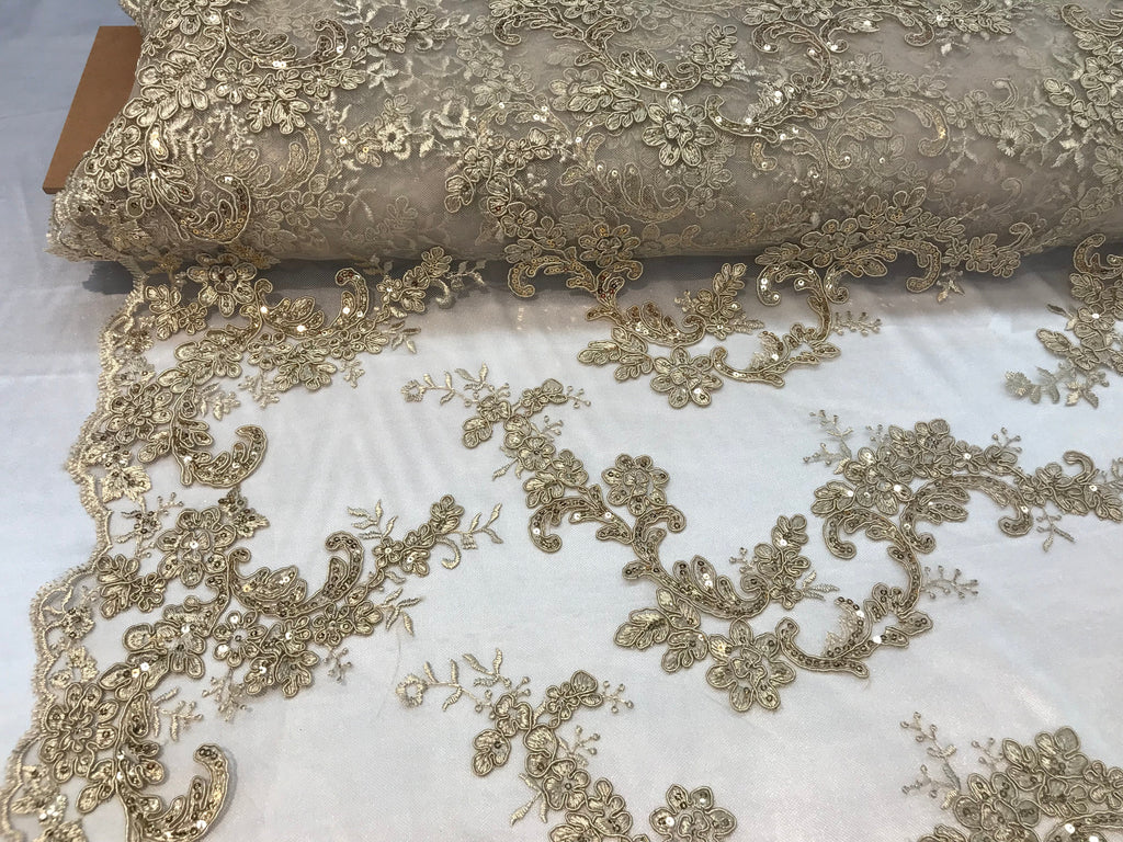 Floral Lace Fabric - Champagne - Flowers Embroidery Sequins Mesh Design Fabric Sold By The Yard