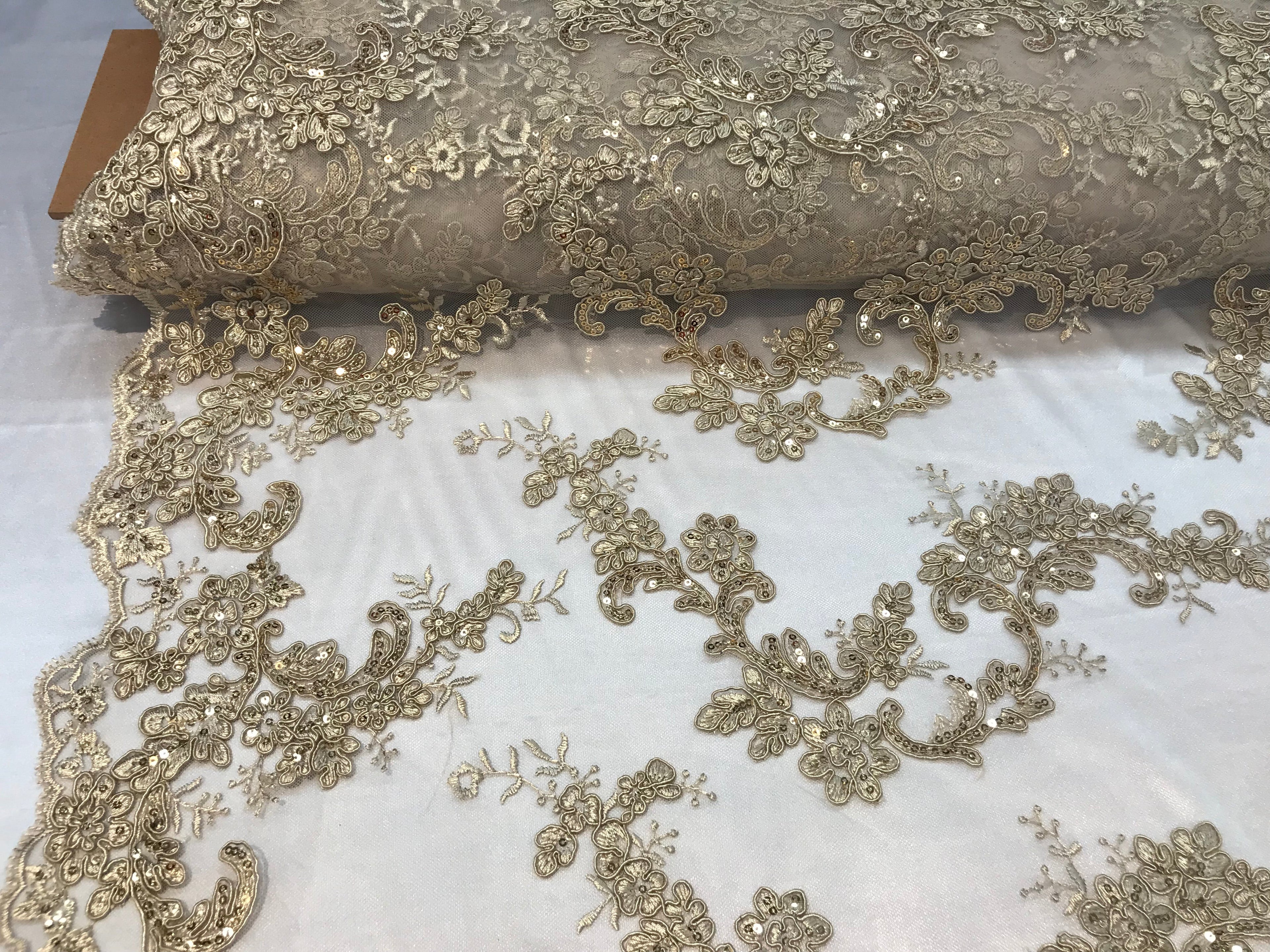Floral Lace Fabric - Champagne - Flowers Embroidery Sequins Mesh Design Fabric Sold By The Yard