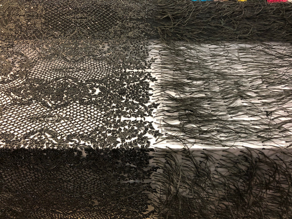 Beaded Feather Fabric - Black - Embroidered Luxury Mesh Lace with Beads and Feathers By The Yard