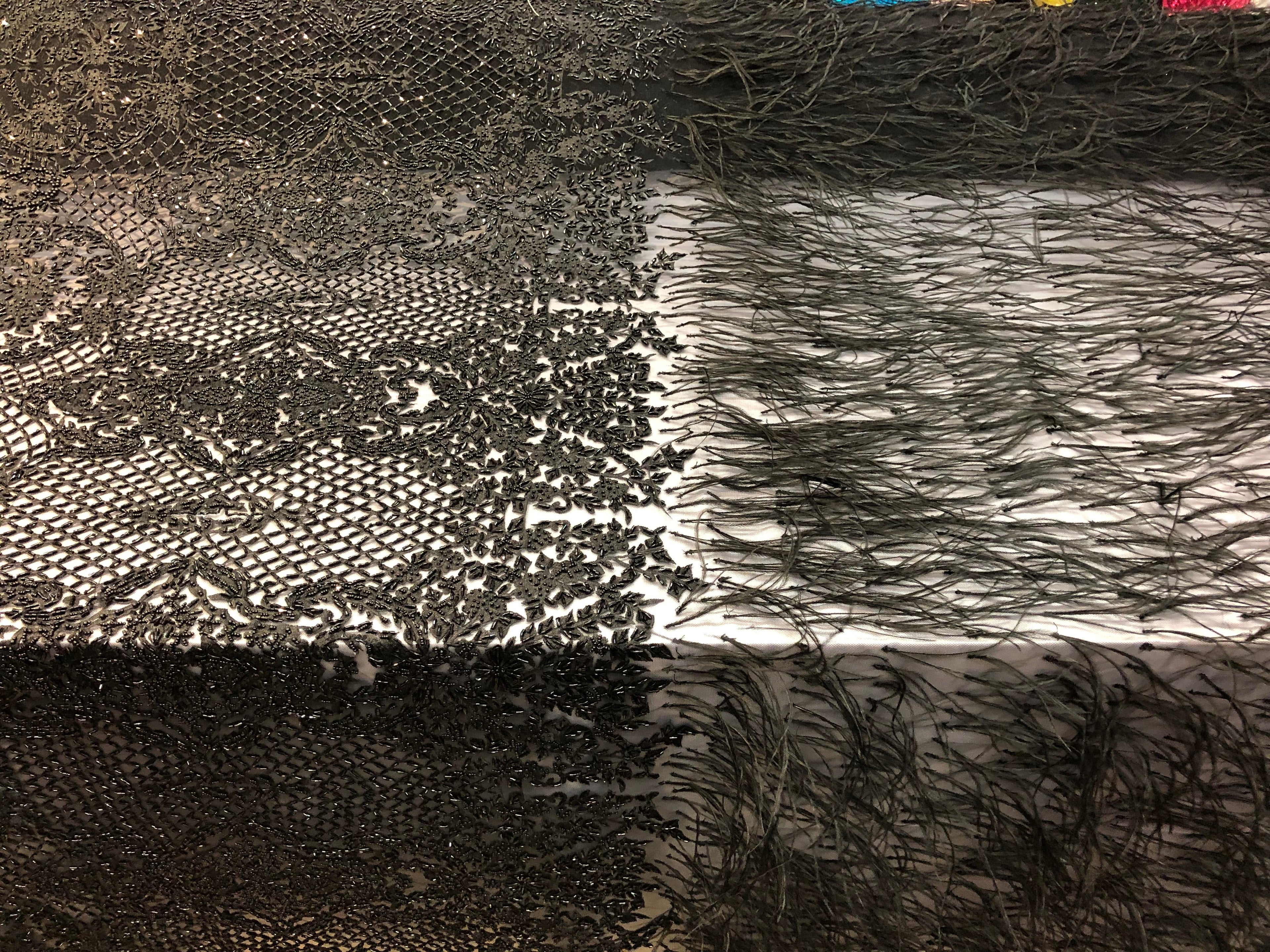 Beaded Feather Fabric - Black - Embroidered Luxury Mesh Lace with Beads and Feathers By The Yard
