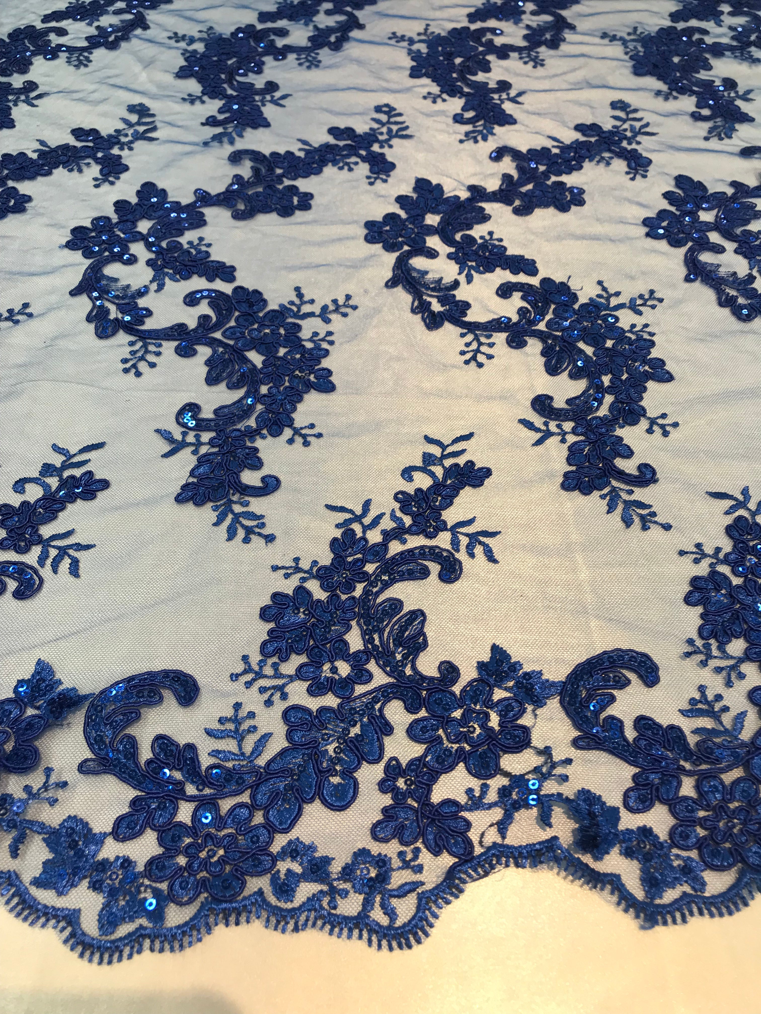 Floral Lace Fabric - Royal Blue - Flowers Embroidery Sequins Mesh Design Fabric Sold By The Yard