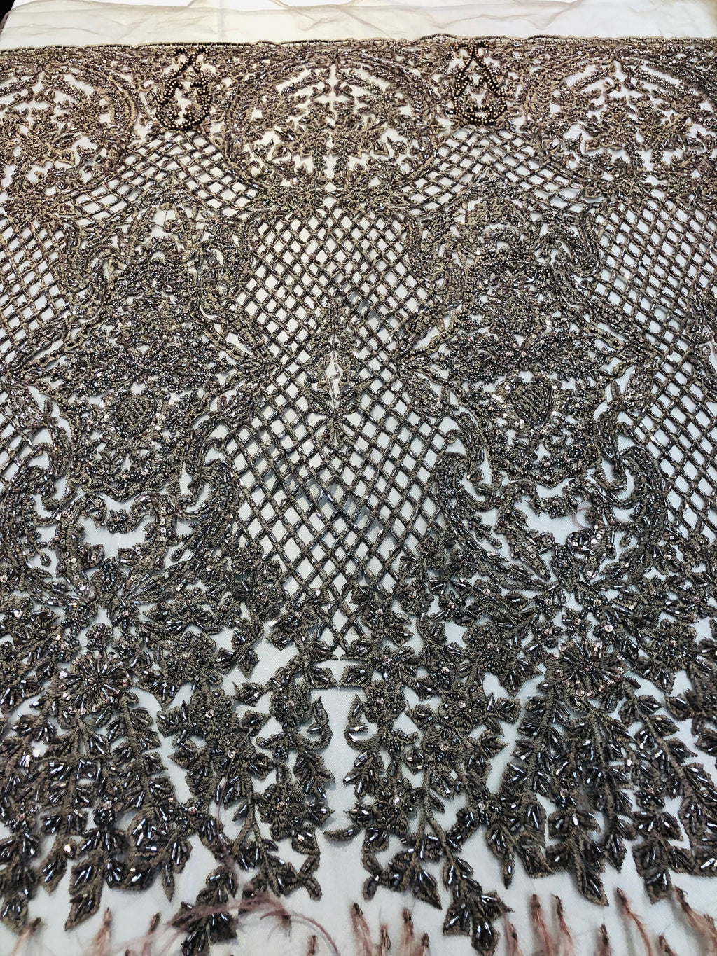 Beaded Feather Fabric - Coffee - Embroidered Luxury Mesh Lace with Beads and Feathers By The Yard