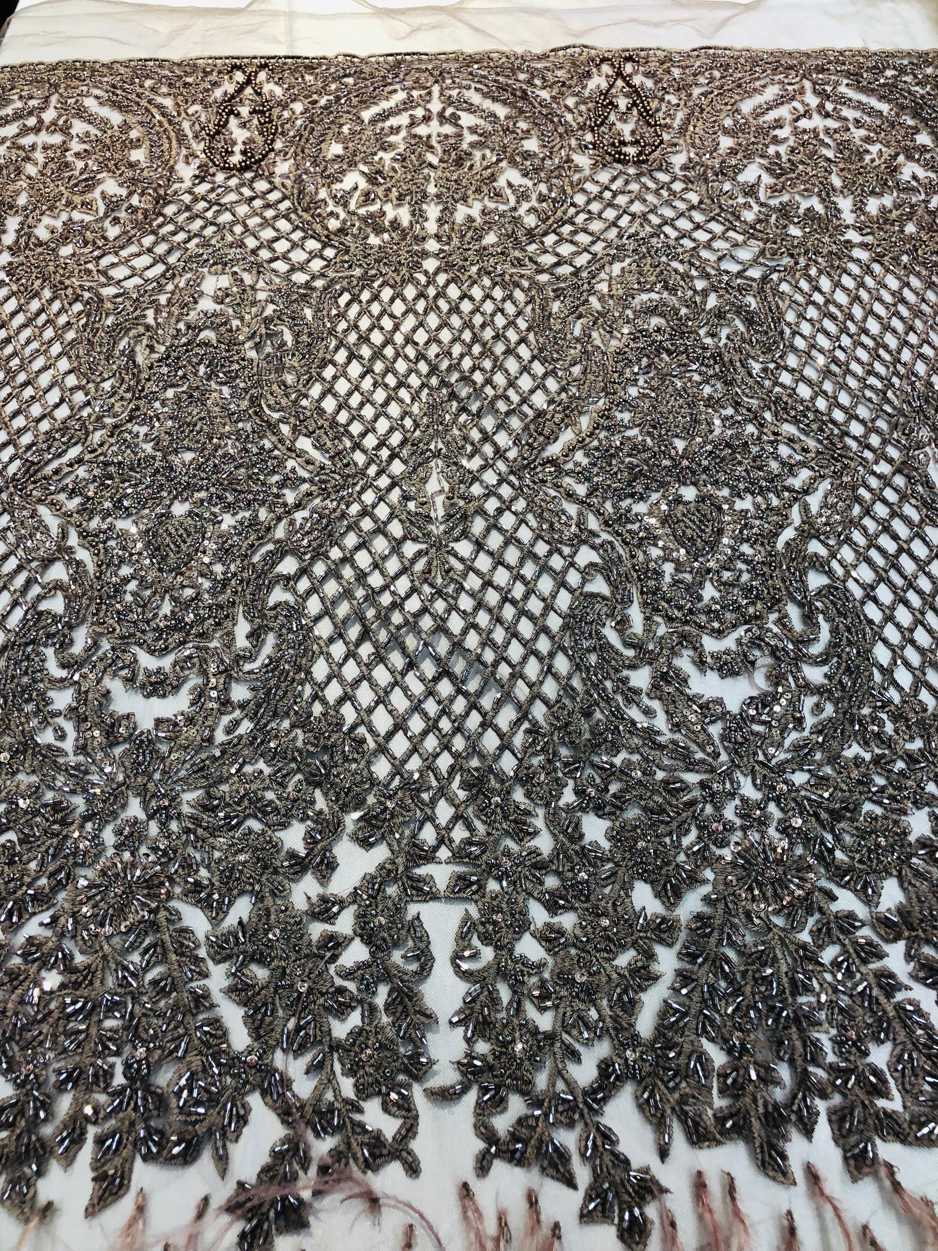 Beaded Feather Fabric - Coffee - Embroidered Luxury Mesh Lace with Beads and Feathers By The Yard