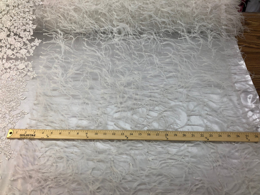 Beaded Feather Fabric - Ivory - Embroidered Luxury Mesh Lace with Beads and Feathers By The Yard