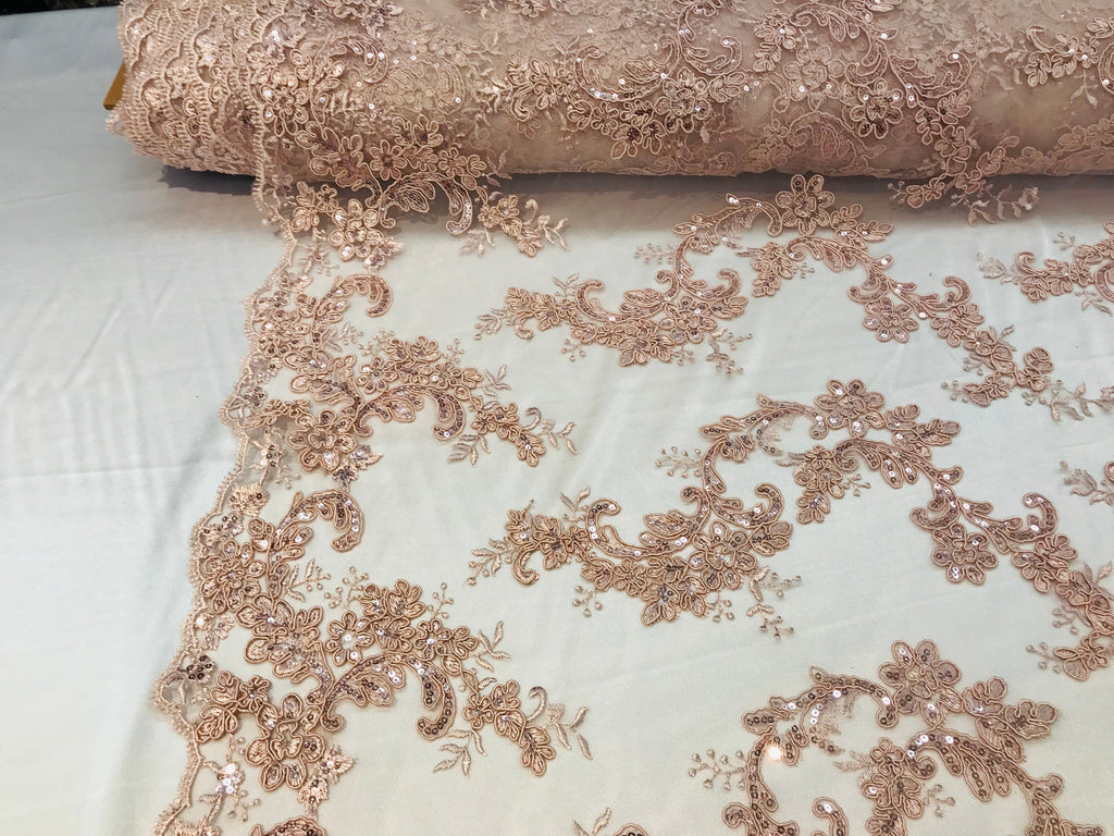 Floral Lace Fabric - Blush - Flowers Embroidery Sequins Mesh Design Fabric Sold By The Yard