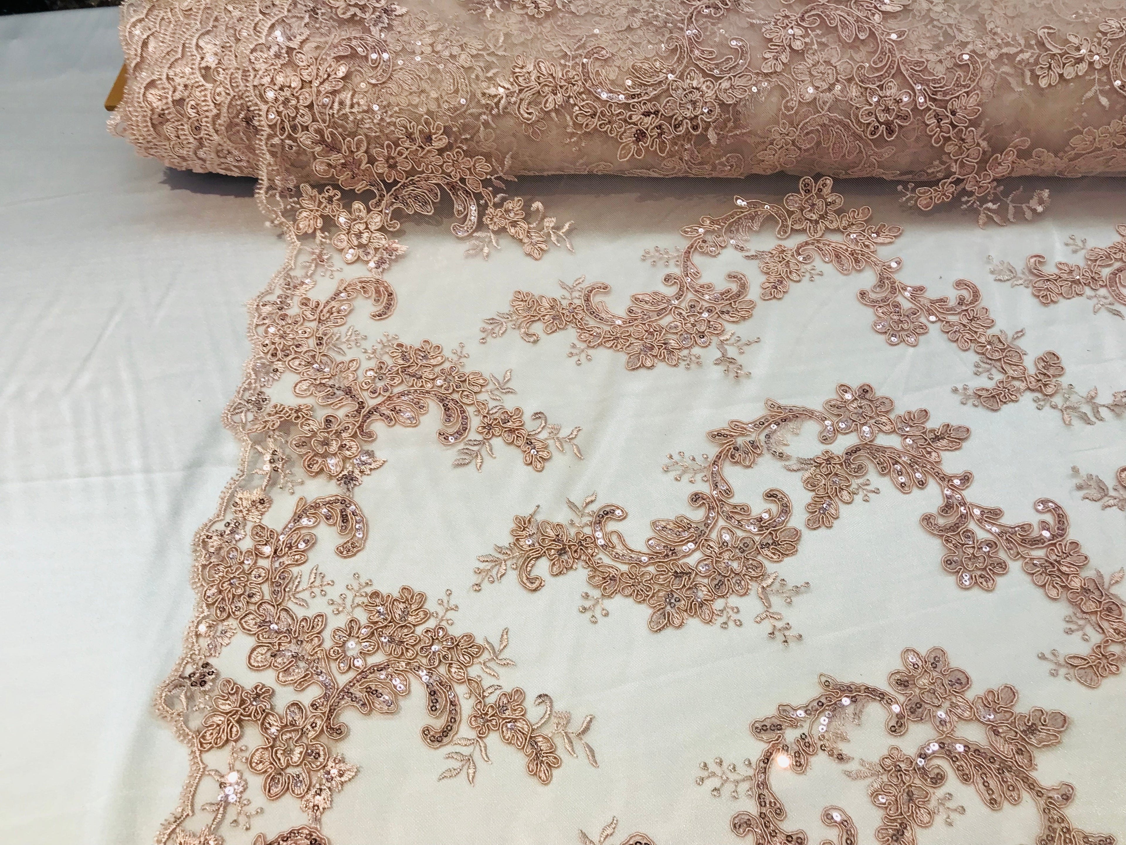 Floral Lace Fabric - Blush - Flowers Embroidery Sequins Mesh Design Fabric Sold By The Yard