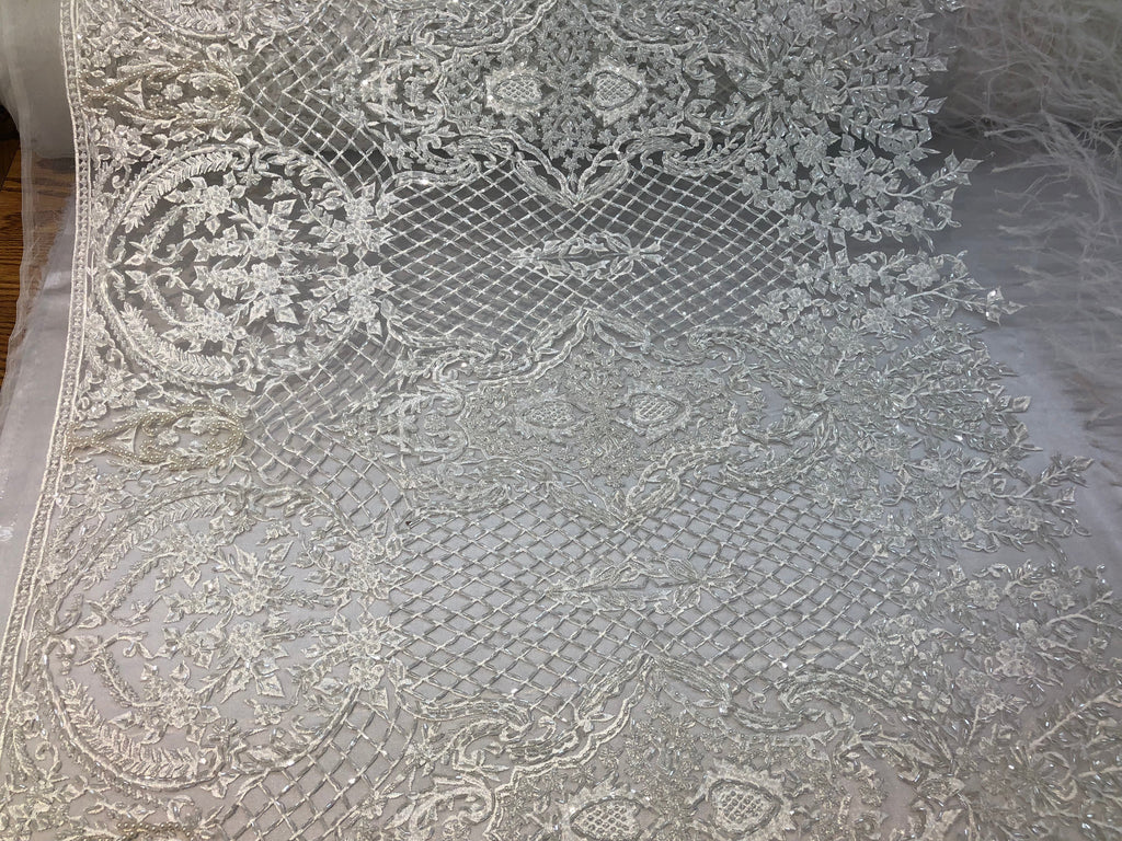 Beaded Feather Fabric - Ivory - Embroidered Luxury Mesh Lace with Beads and Feathers By The Yard